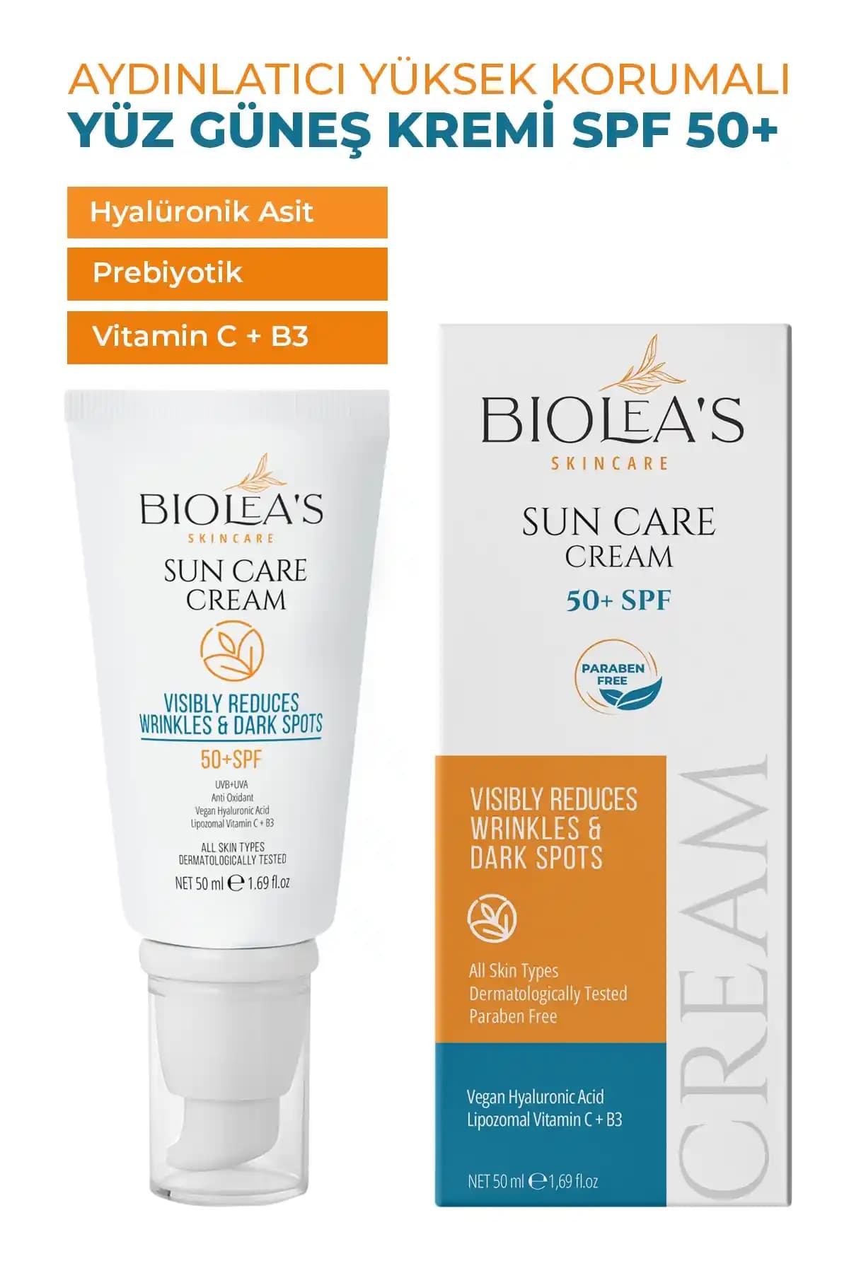 Biolea Güneş Kremi SPF50+; Suya Dayanıklı, Yağsız Formül ve Liposomlu C Vitamini ile Nem Desteği