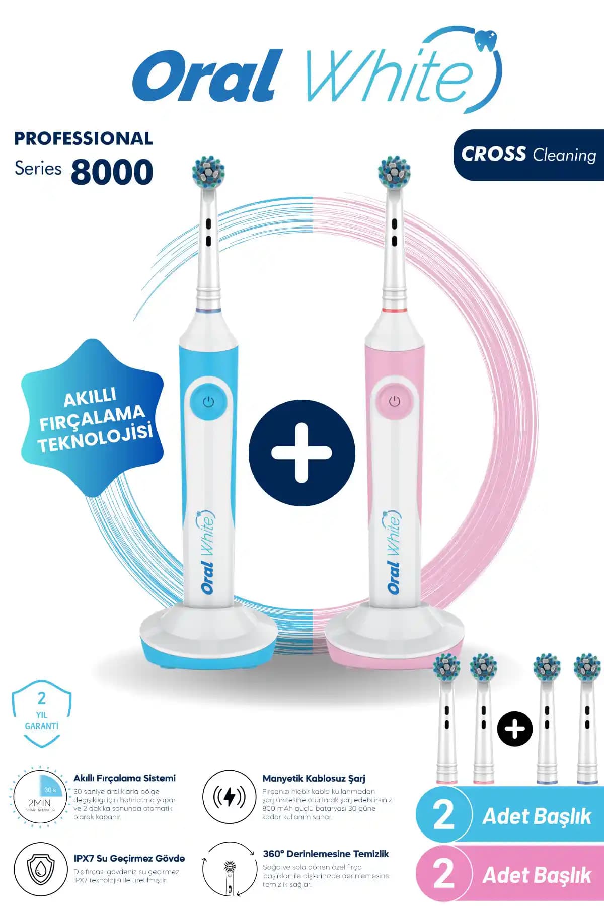 Oral White Professional Series 8000 Şarjlı Diş Fırçası – İkili Set, IPX7 Suya Dayanıklı, 2 Yıl Garantili