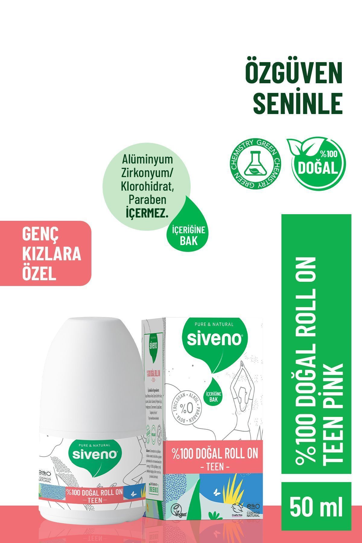 %100 Doğal Roll-on Teen Girl Genç Kız Deodorant Ter Kokusu Önleyici Bitkisel Lekesiz Vegan 50 ml