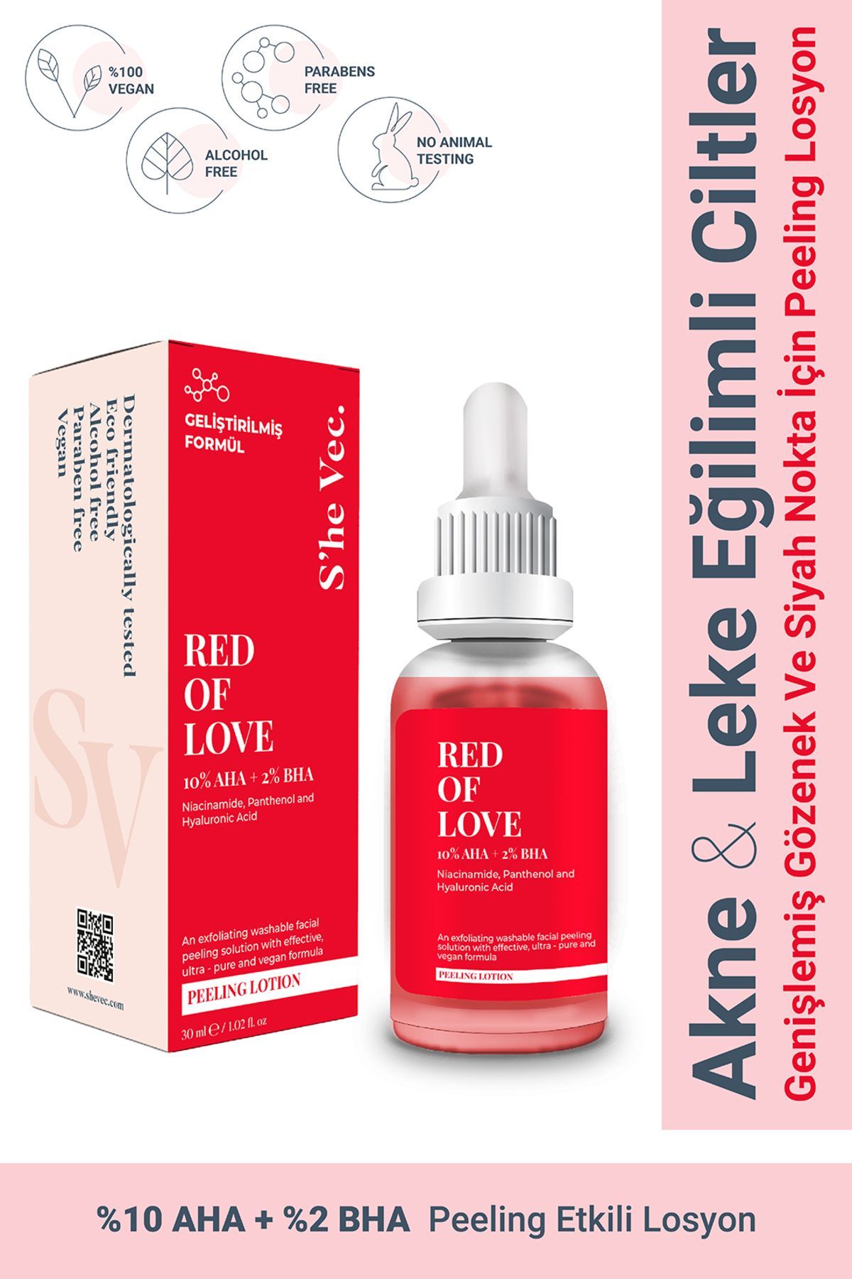 RED OF LOVE - AHA %10 & BHA %2 Cilt Tonu Eşitleyici Canlandırıcı Kırmızı Peeling Serum 30ml