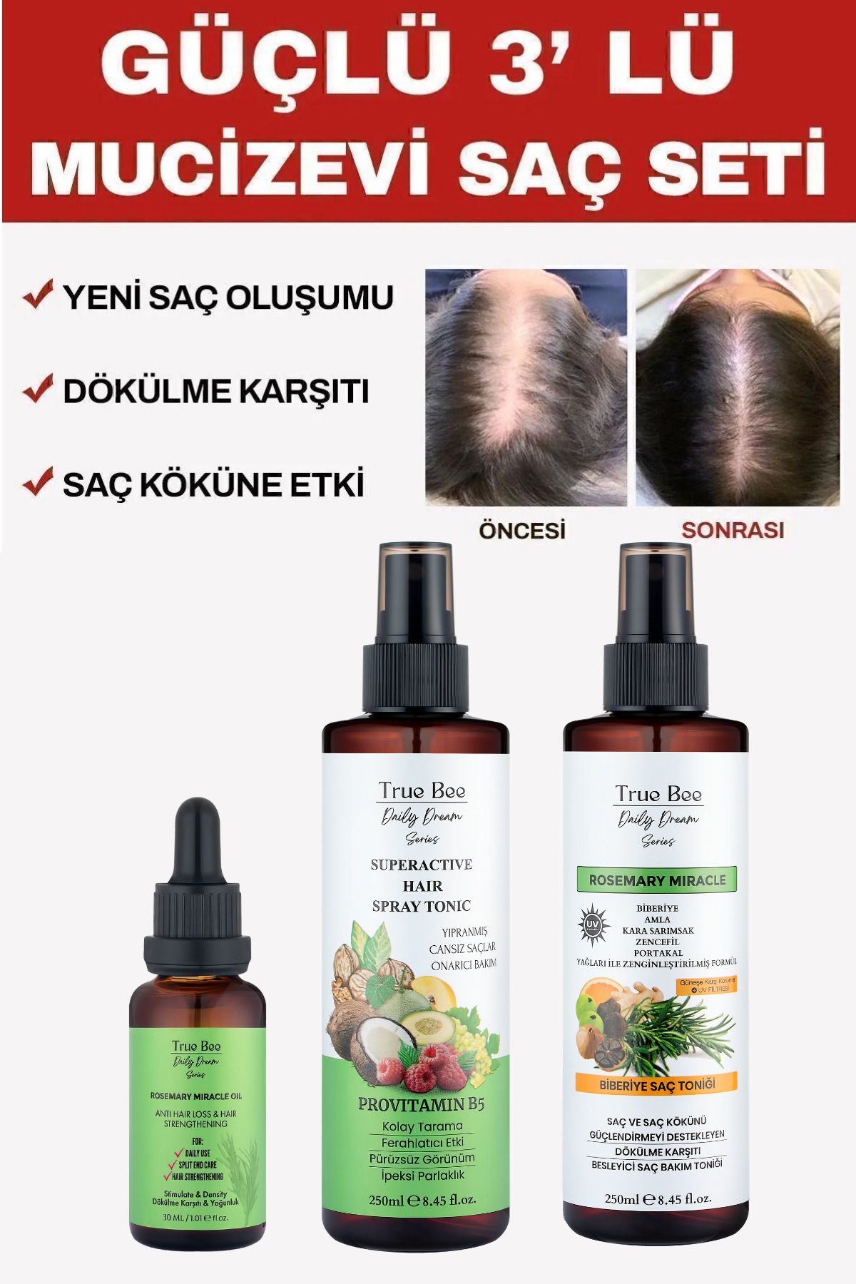 Güçlü 3’lü Mucizevi Saç Seti Biberiye Tonik Sirkeli Tonik Biberiye Kompleks Yağ 30 ml