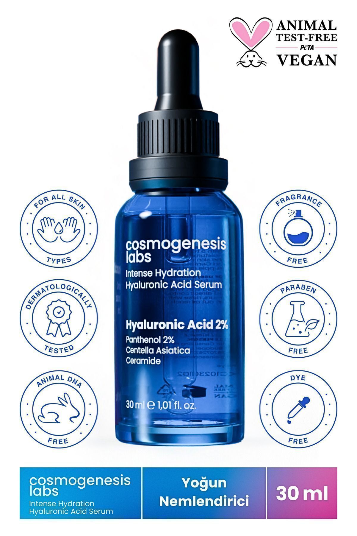 Yoğun Nemlendirici Hyaluronik Asit Cilt Serumu 30ml Vegan Kırışıklık Karşıtı (%2 Hyaluronic Acid)