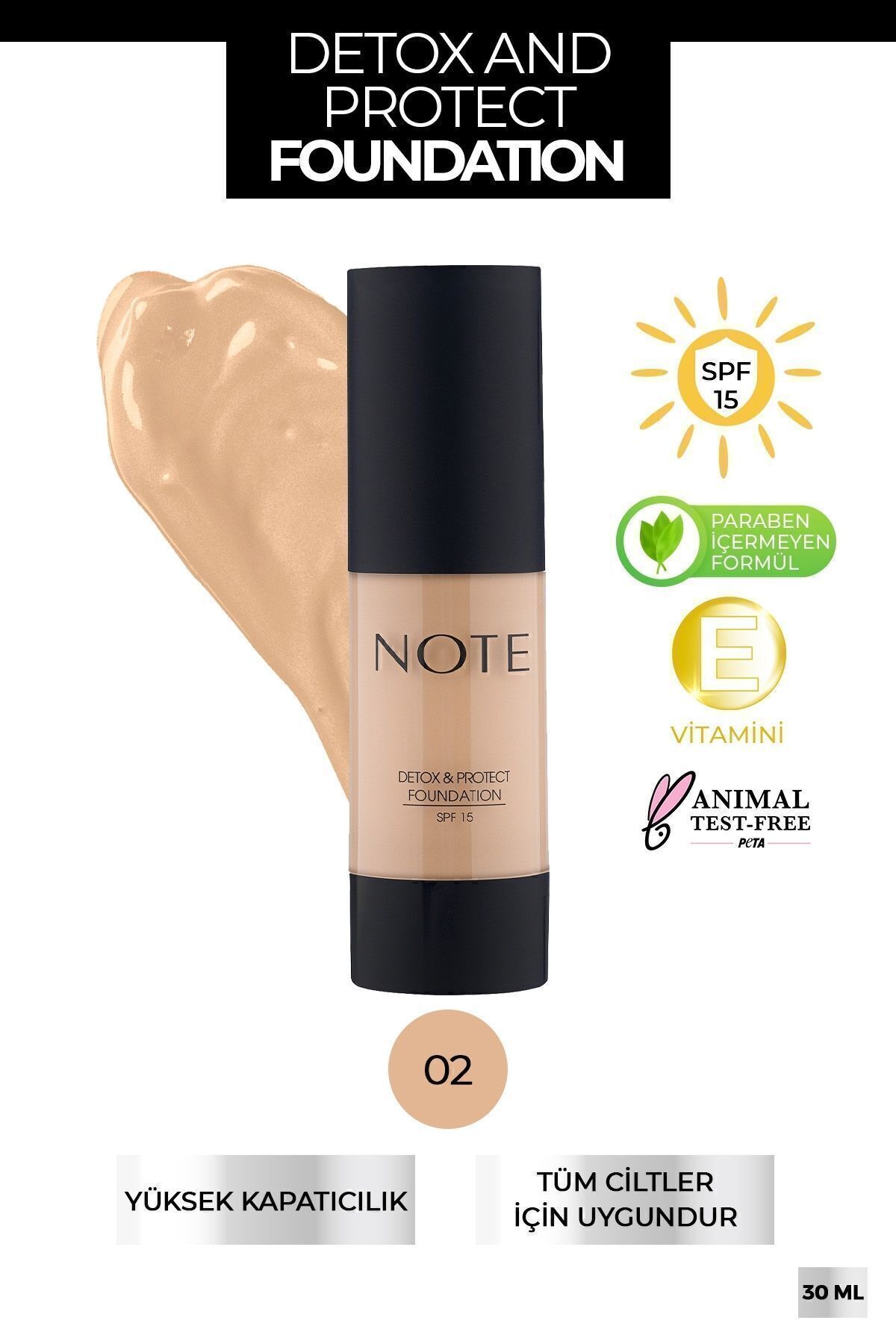 Detox & Protect 02 Natural Beige - SPF 15 Yoğun Kapatıcı Saten Bitişli Fondöten