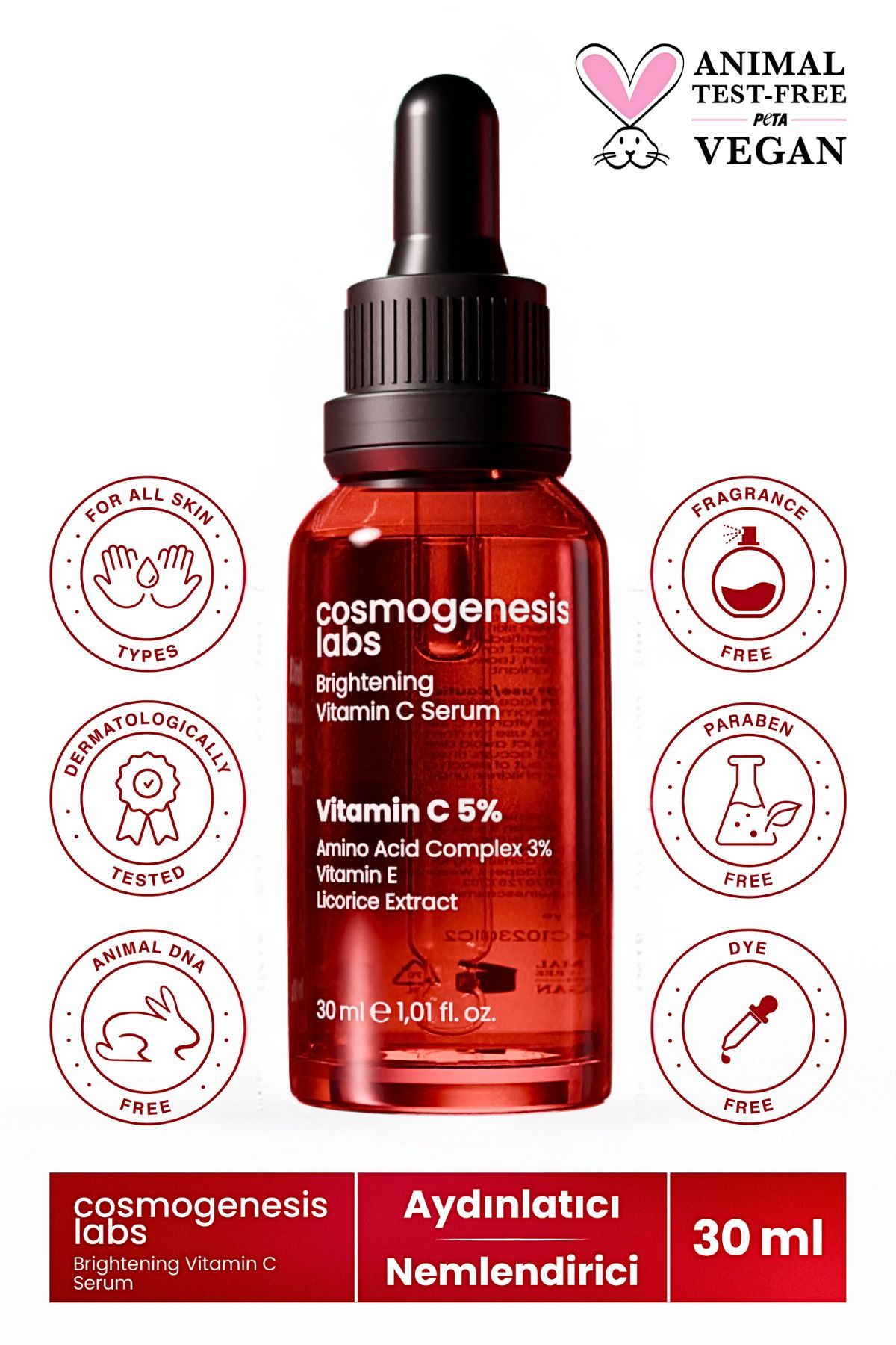 Aydınlatıcı C Vitamini Cilt Serumu 30ml Vegan Pürüzsüzleştirici Ince Çizgi Azaltıcı (%5 VİTAMİN C)