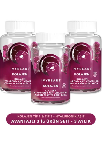 Ivybears Çiğnenebilir Kolajen Vitamin 3´lü Set - Tip 1 - Tip 3 - Hyaluronik Asit - Vitamin B2 - 180 Adet - 90 Günlük