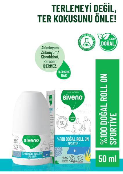 Siveno %100 Doğal Roll-On Sportif Sporcu Deodorant Ter Kokusu Önleyici Bitkisel Lekesiz Vegan 50 ml