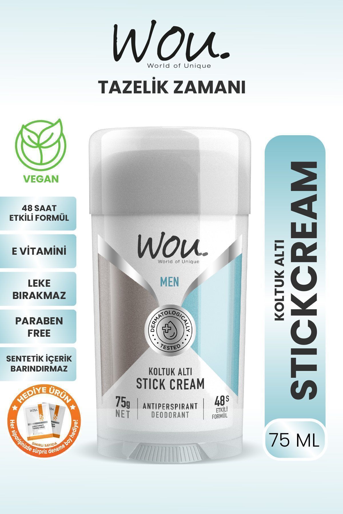 WOU World of Unique Stick Krem, Koltuk Altı Terleme Önleyici 48 Saat Etkin Koruma Vegan, Erkek Koltu