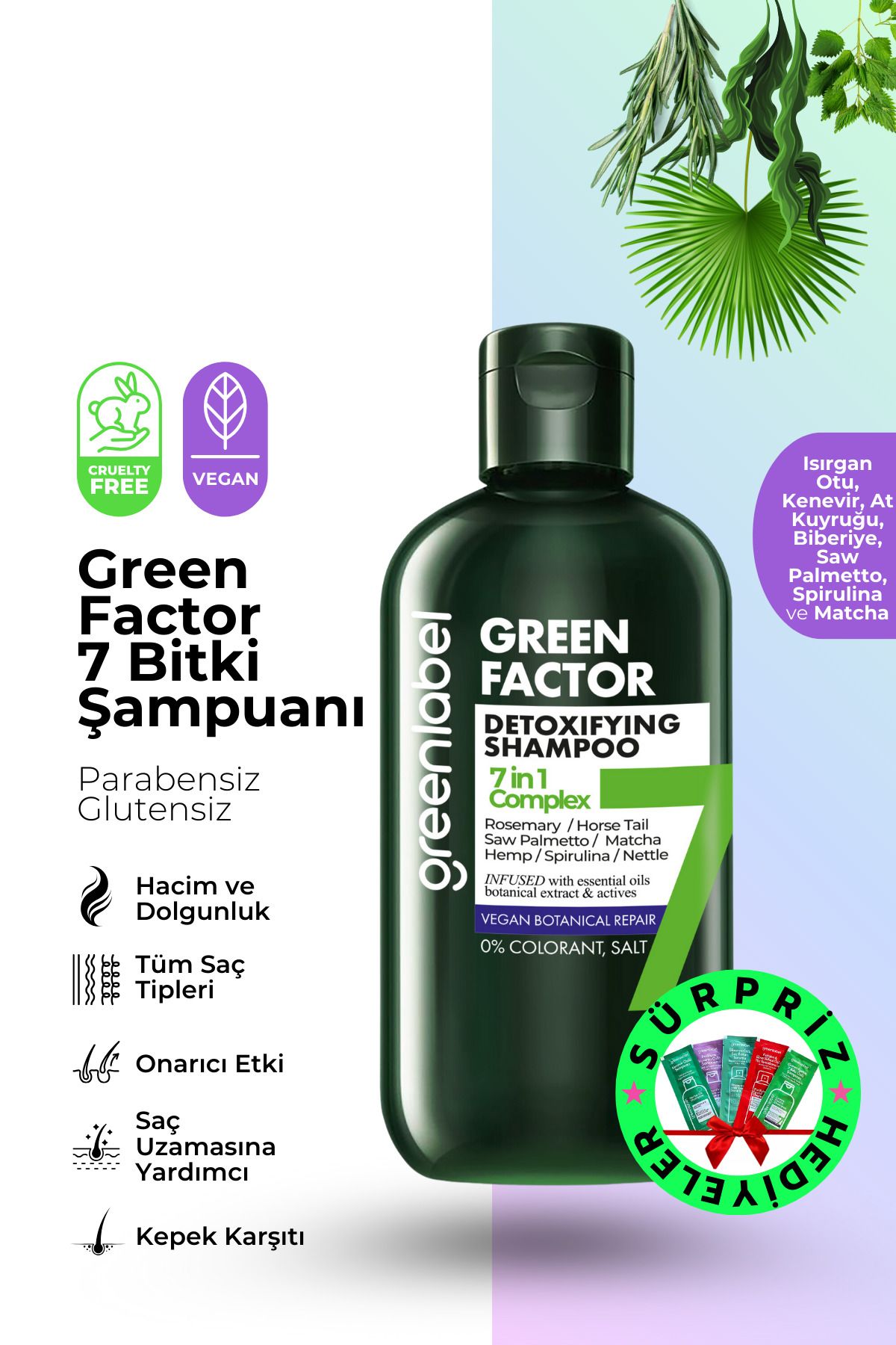 Green Label Green Factor 7 Bitkili Vegan Parabensiz Glutensiz Yoğun Bakım Ve Biberiye Suyu Içeren Şampuan