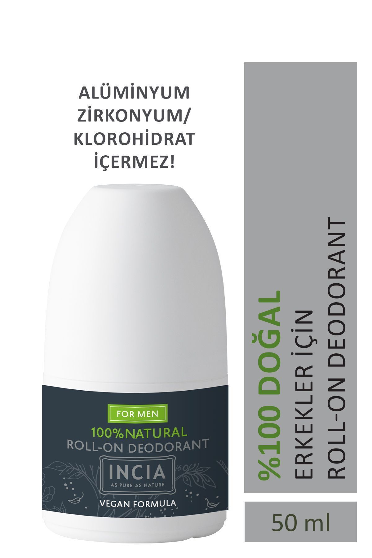 INCIA %100 Doğal Roll-on Deodorant Erkeler Için Ter Kokusu Önleyici Lekesiz 50ml