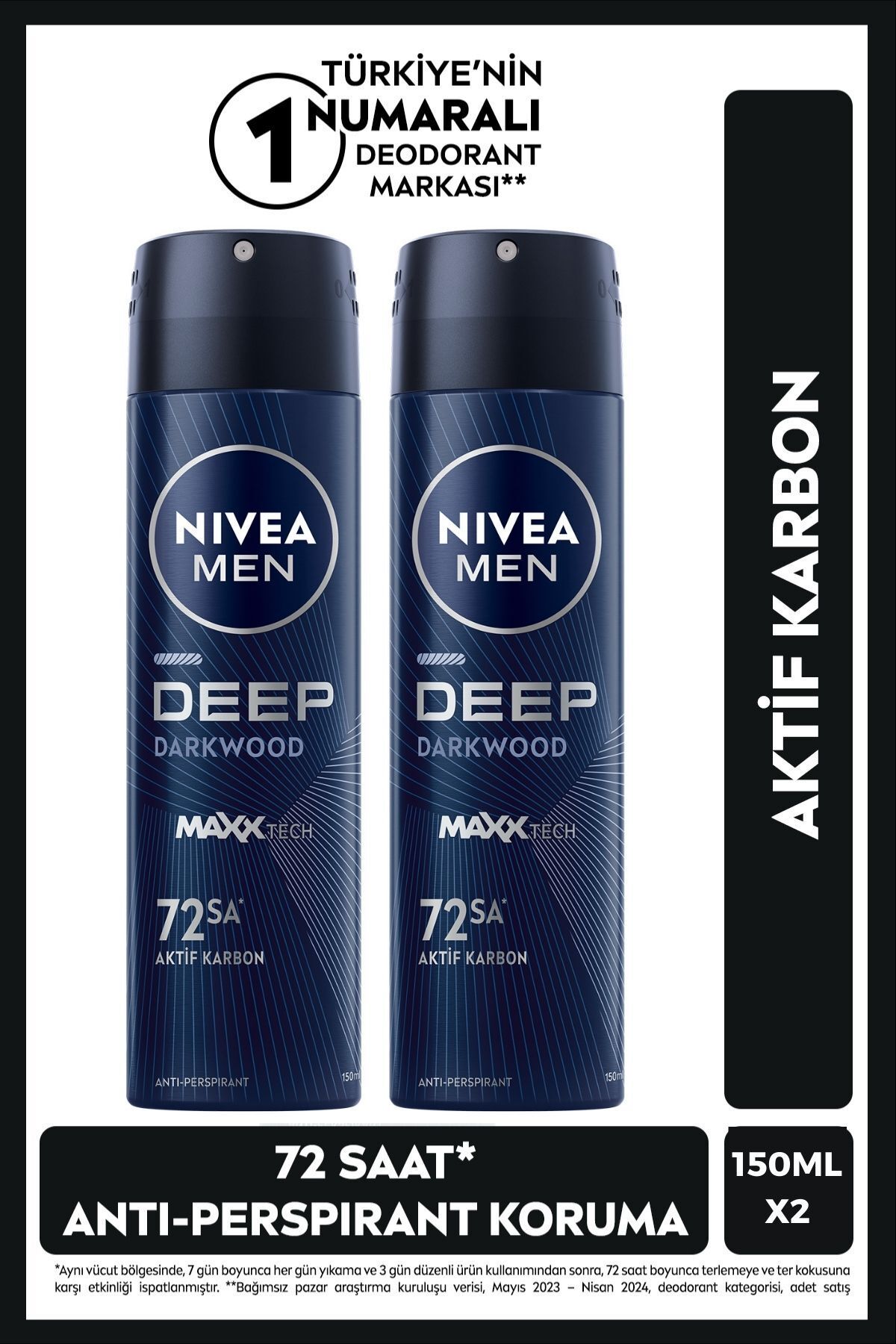 NIVEA MEN Erkek Sprey Deodorant Deep Dimension Aktif Karbon 150ml, 72 Saat Anti-perspirant Koruma, X2 Adet