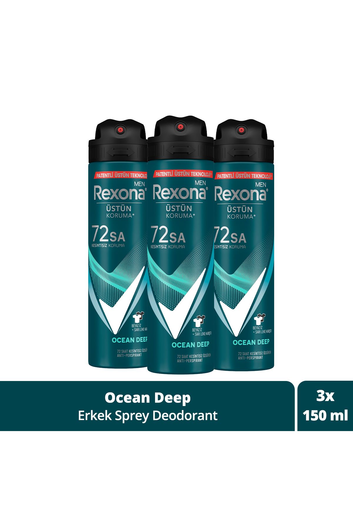 Rexona Men Erkek Sprey Deodorant Invisible Ocean Deep 72 Saat Kesintisiz Üstün Koruma 150 ml X3