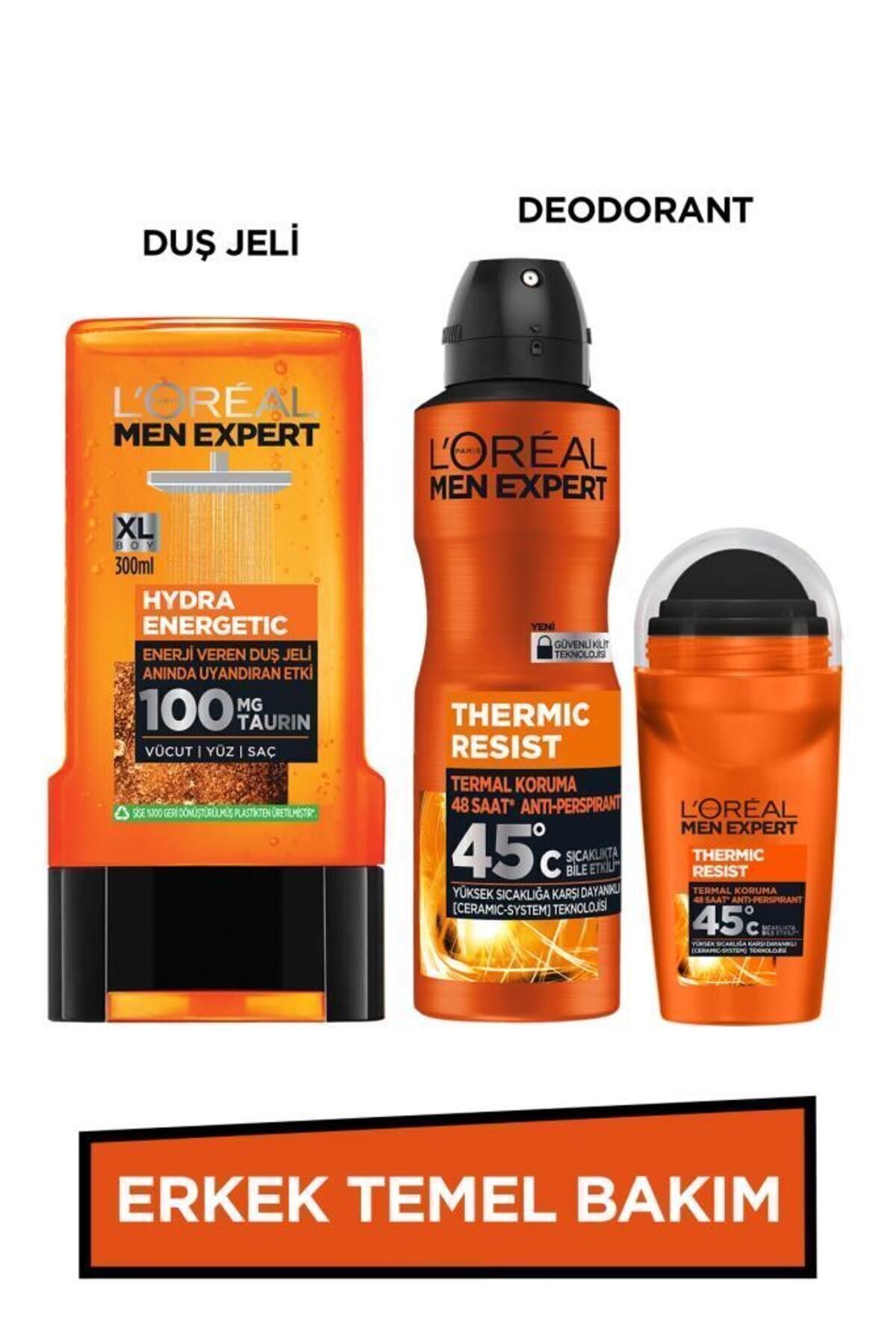 L'Oreal Paris Men Expert Erkek Temel Bakım Seti Hydra Energetic Enerji Veren Duş Jeli 300ml +Thermic Resist Deodorant+Roll on