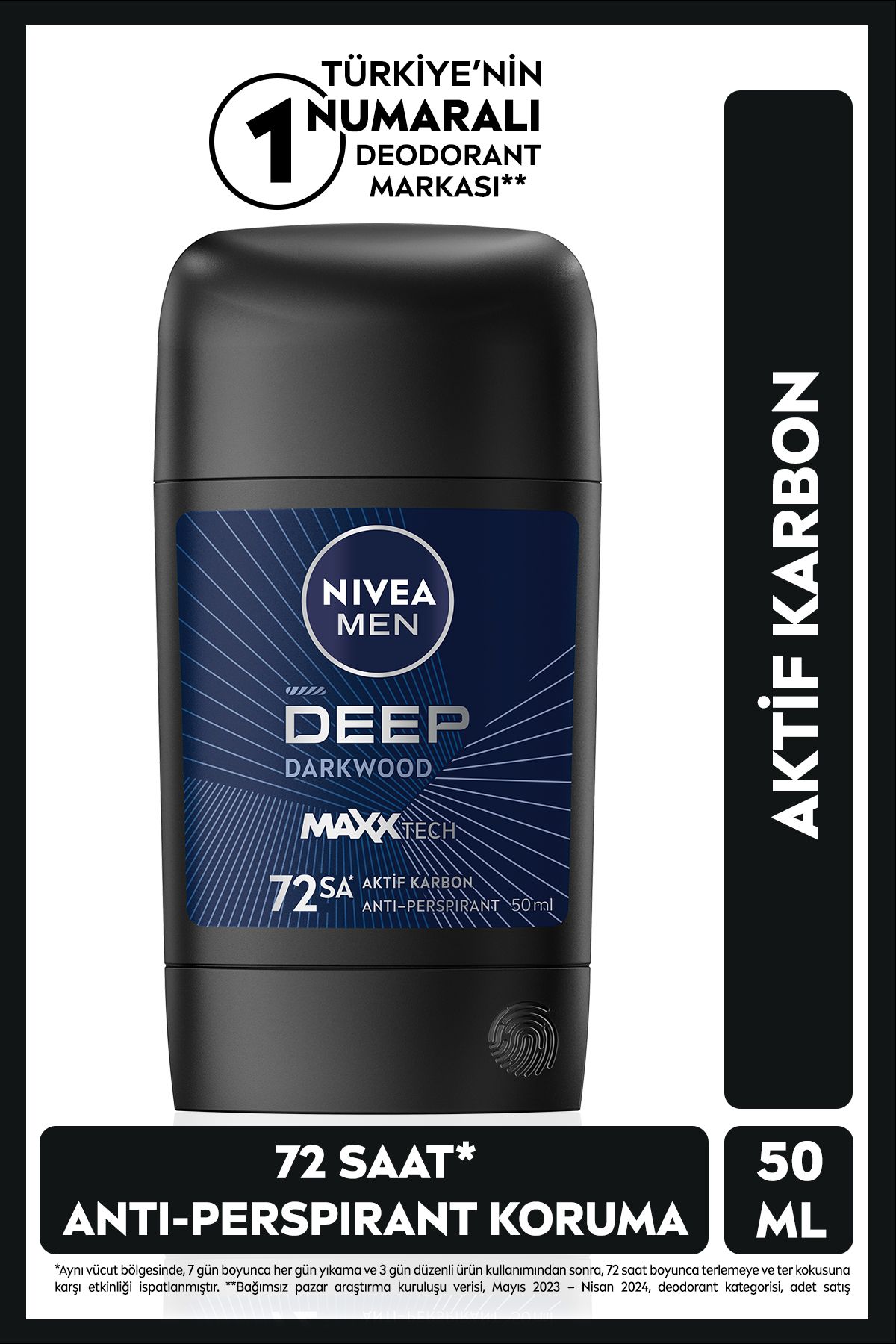 NIVEA MEN Erkek Stick Deodorant Deep Dimension Aktif Karbon 50ml, 72 Saat Anti-perspirant Koruma