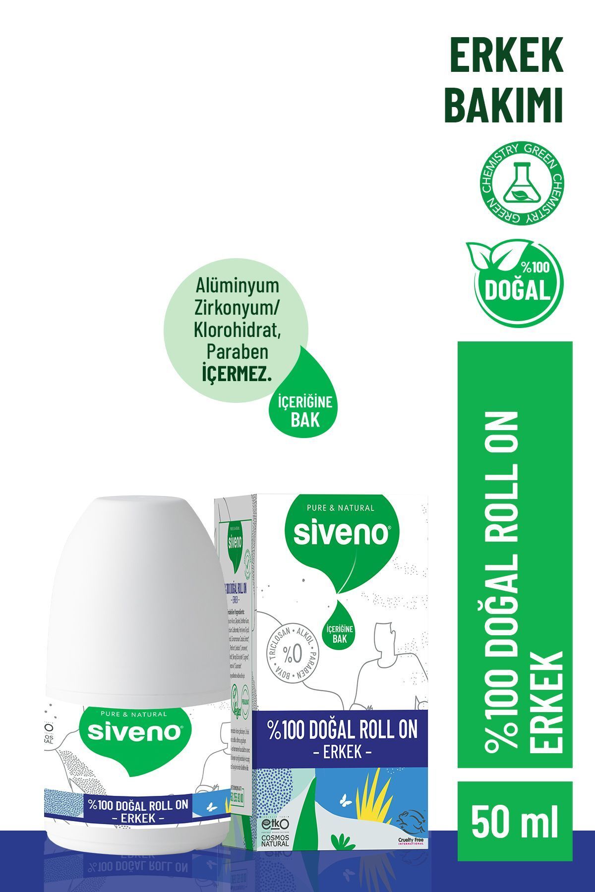 Siveno %100 Doğal Roll-on Erkek Deodorant Ter Kokusu Önleyici Bitkisel Leke Bırakmayan Vegan 50 ml