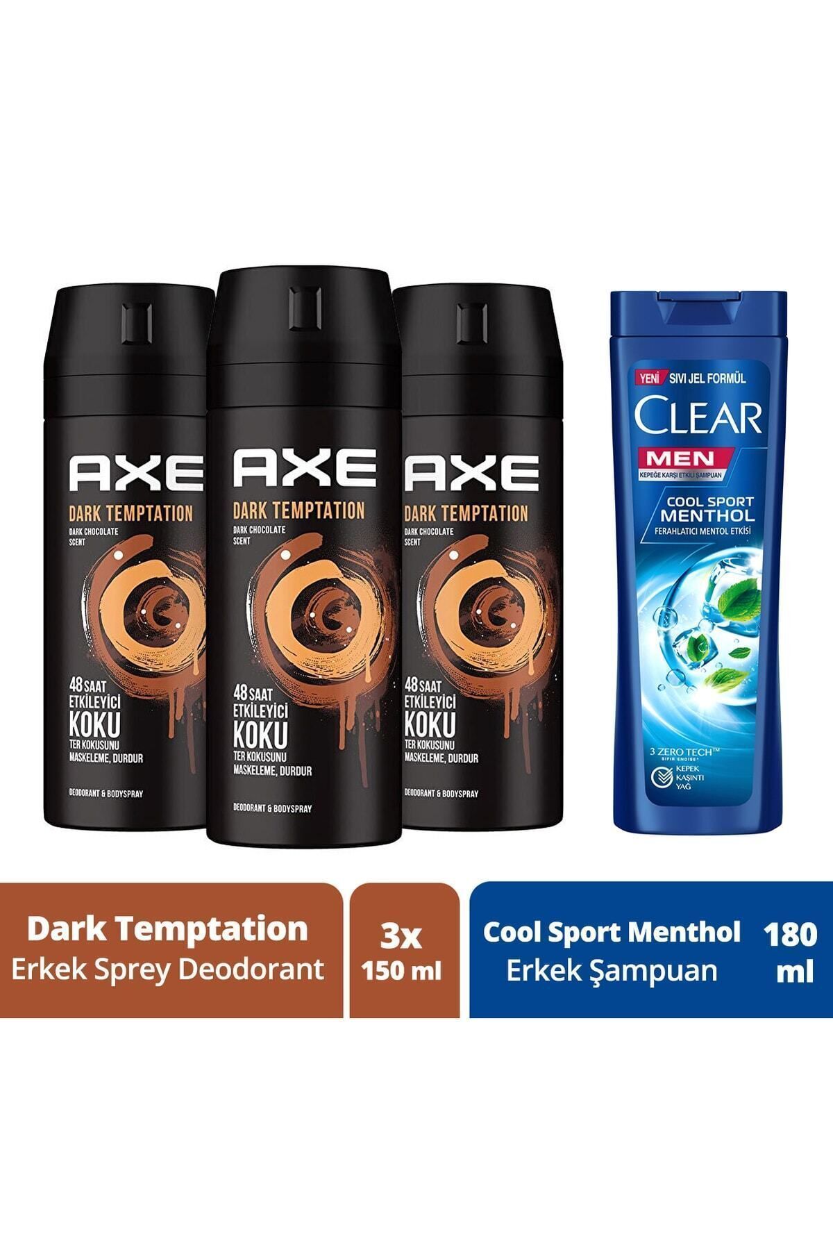 Axe Erkek Sprey Deodorant Dark Temptation 48 Saat Etkileyici Koku 150 ml X 3 + Clear Şampuan 180 ml