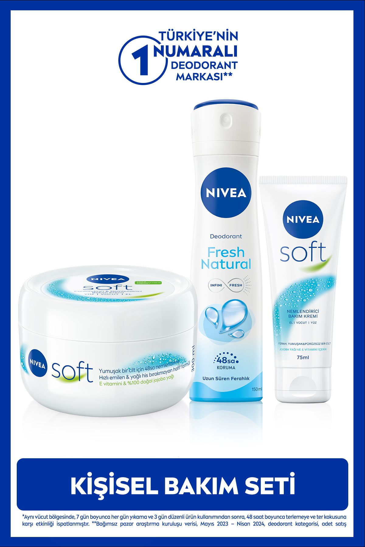 NIVEA Kadın Sprey Deodorant Fresh Natural 150ml, Nemlendirici Soft El Bakım Kremi 75ml, Vücut Kremi 300ml