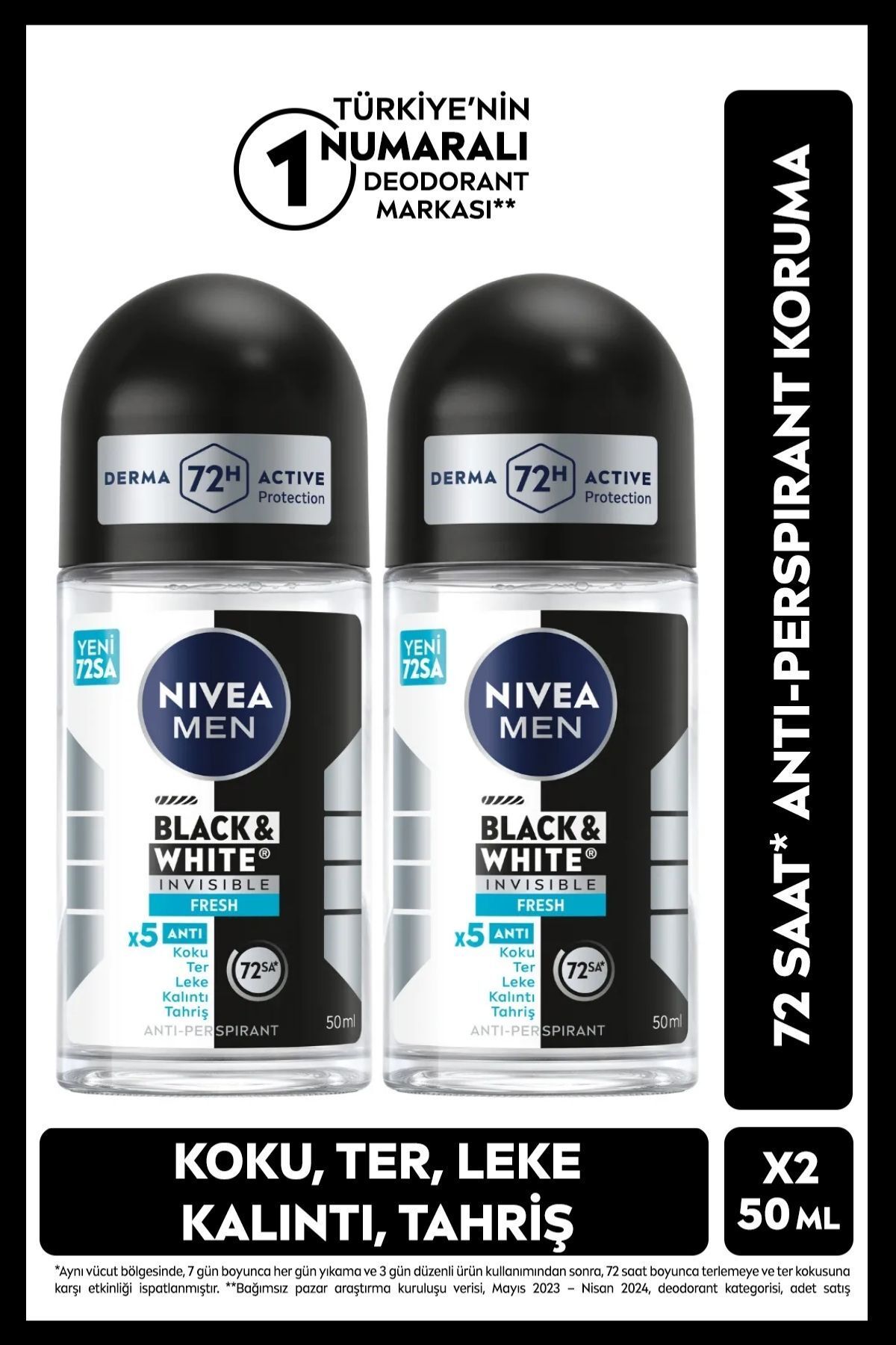 NIVEA MEN Erkek Roll-on Deodorant Black&White Invisible Fresh 50ml, 72 Saat Anti-perspirant Koruma