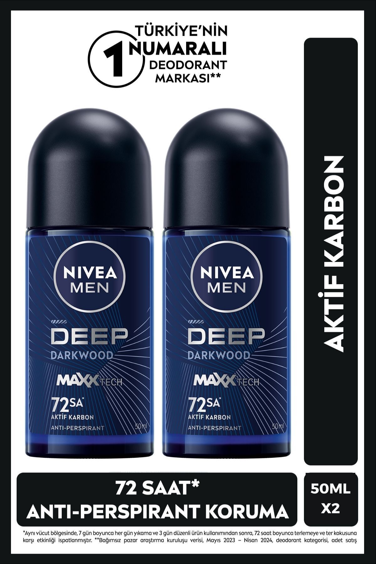 NIVEA MEN Erkek Roll-on Deodorant Deep Dimension Aktif Karbon 50ml, 72 Saat Anti-perspirant Koruma,X2 Adet