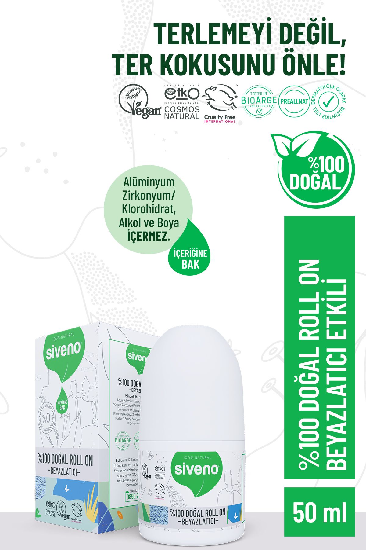 Siveno %100 Doğal Roll-on Beyazlatıcı Etkili Deodorant Ter Kokusu Önleyici Bitkisel Lekesiz Vegan 50 ml