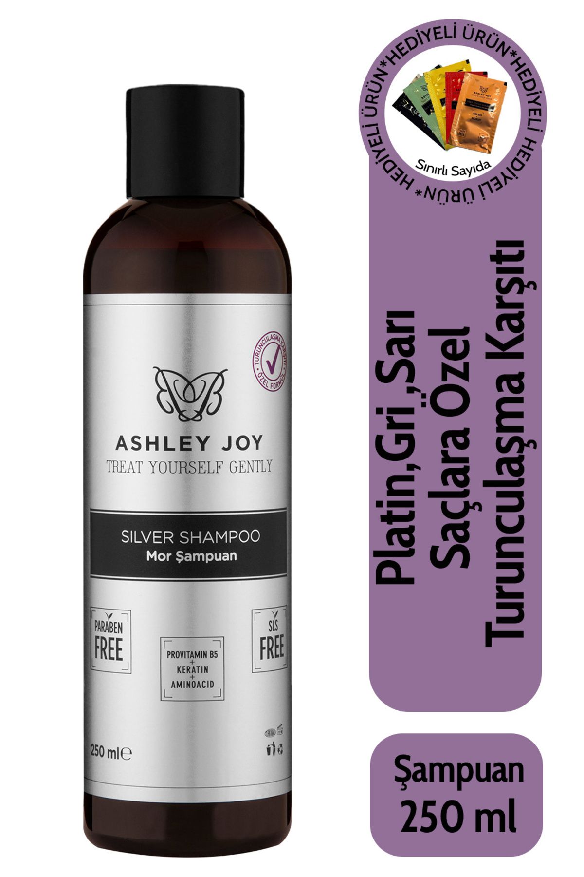 Ashley Joy Platin, Sarı Saçlara Özel Turunculaşma Karşıtı Keratin Içeren Sülfatsız Silver Mor Şampuan 250ml