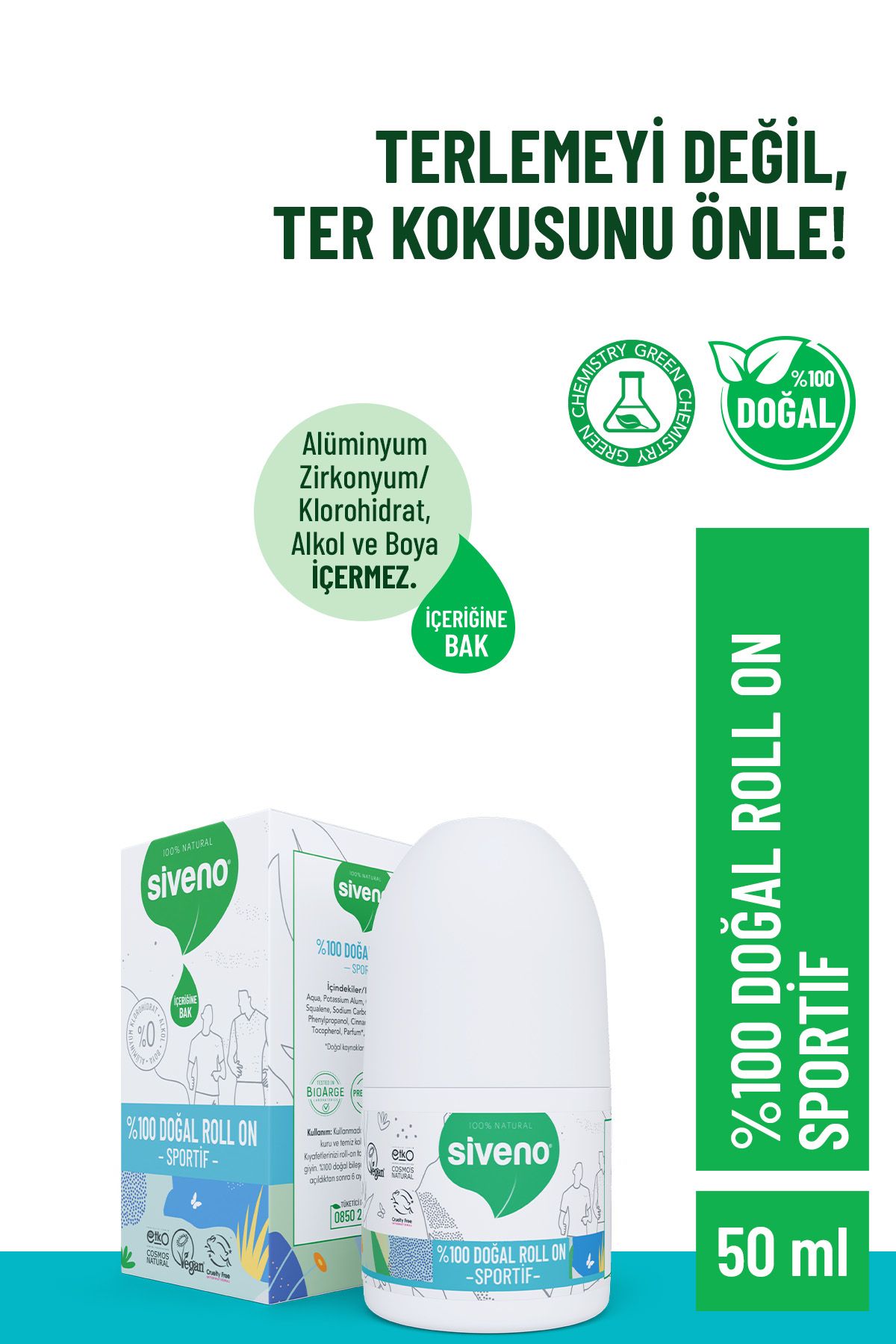 Siveno %100 Doğal Roll-on Sportif Sporcu Deodorant Ter Kokusu Önleyici Bitkisel Lekesiz Vegan 50 ml