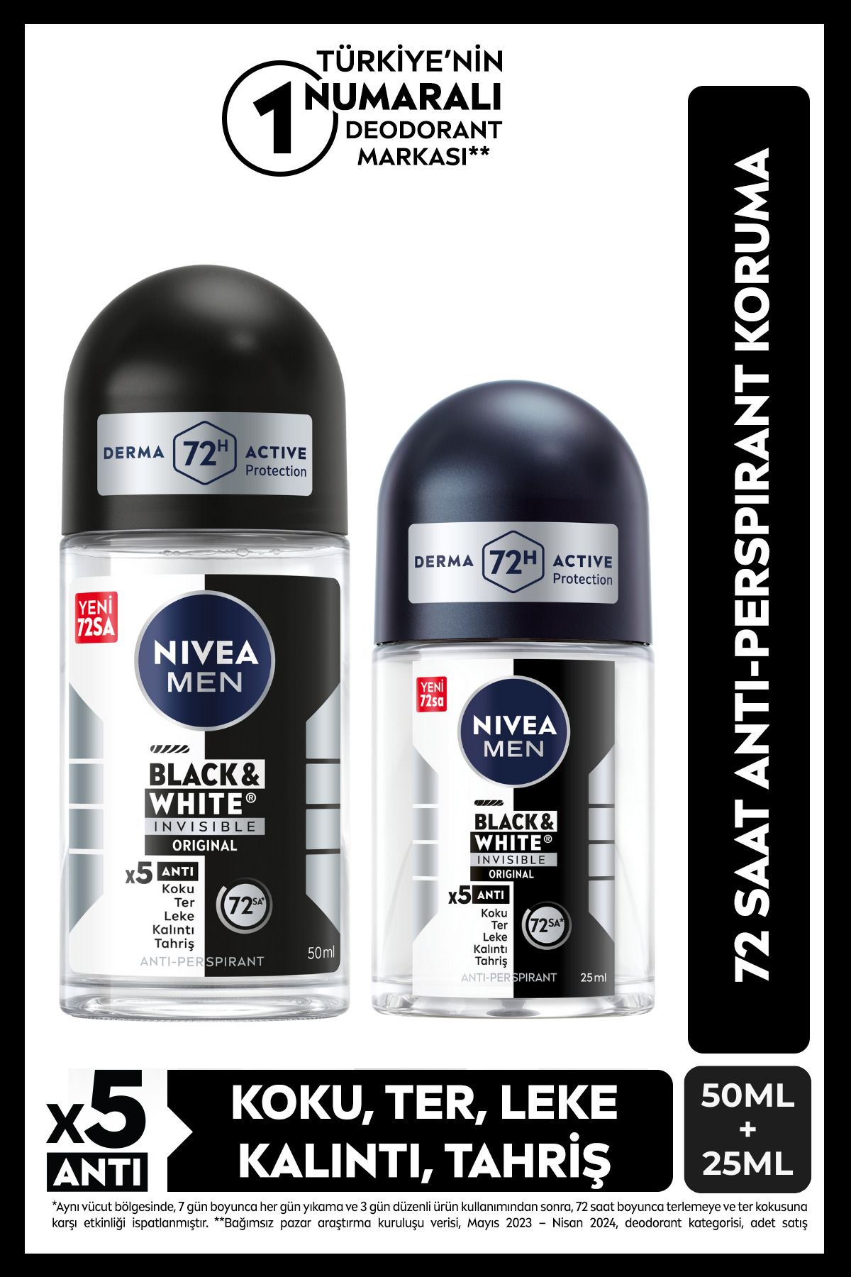 NIVEA MEN Erkek Roll-on Deodorant Black&White Invisible Original 50ml Ve Mini Roll-on 25ml, 72 Saat Koruma