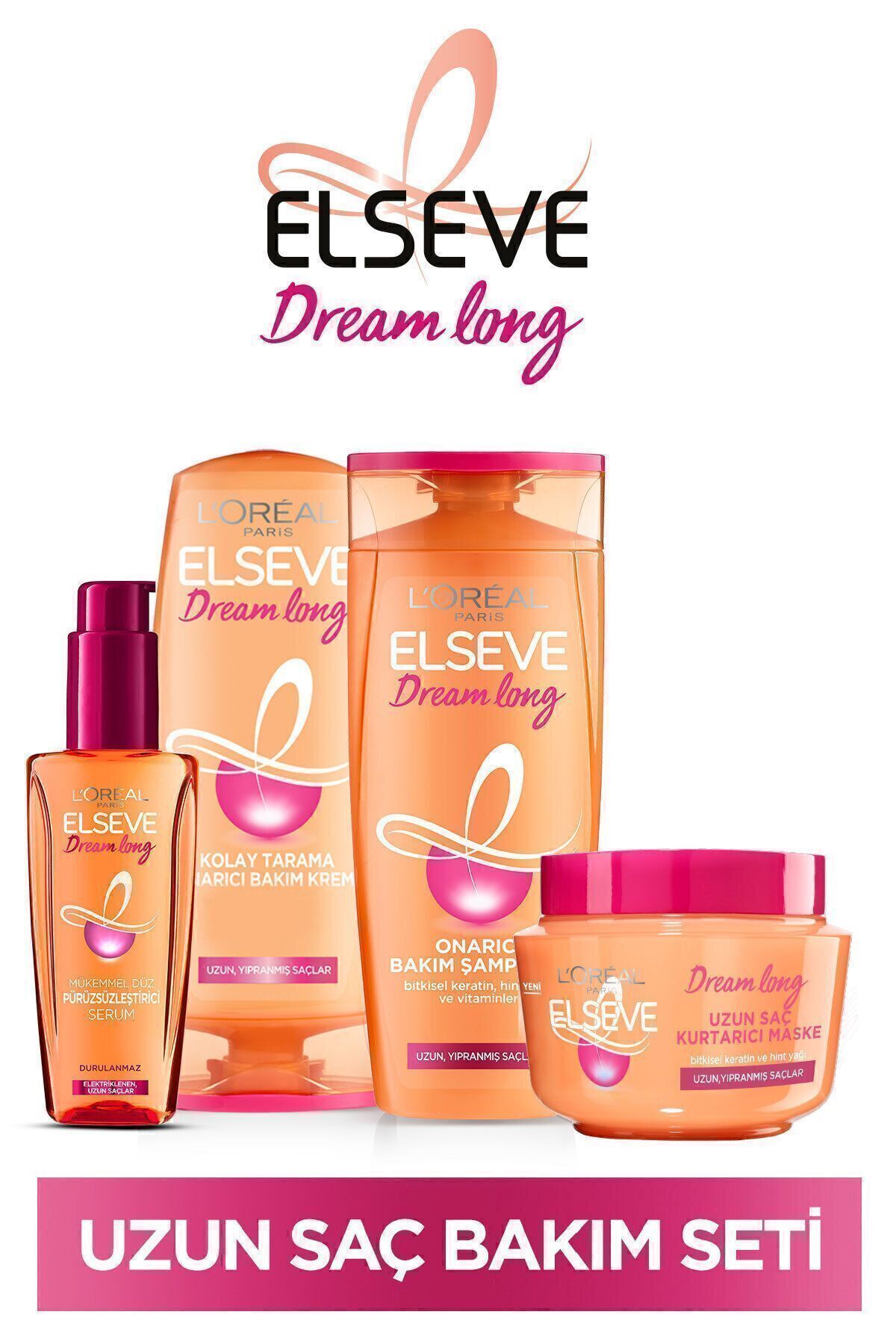 Elseve Dream Long Şampuan + Saç Kremi + Elektriklenme Karşıtı Pürüzsüzleştirici Serum + Maske