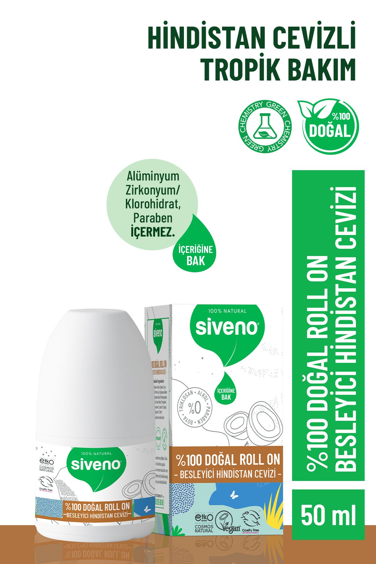 Siveno %100 Doğal Roll-on Hindistan Cevizli Deodorant Ter Kokusu Önleyici Bitkisel Lekesiz Vegan 50 ml