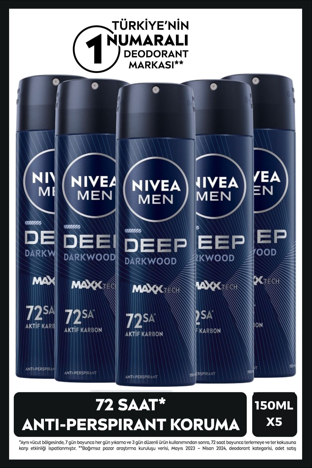 NIVEA MEN Erkek Sprey Deodorant Deep Dimension Aktif Karbon 150ml, 72 Saat Anti-perspirant Koruma, X5 Adet