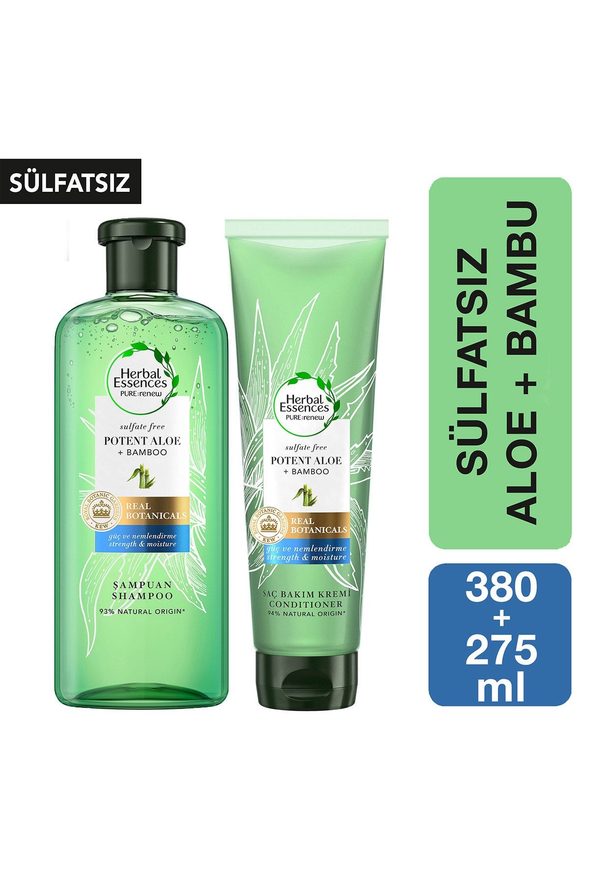 Herbal Essences Sülfatsız Güç ve Nem Aloe + Bambu  Şampuan 380 ml + Saç Bakım Kremi 275 ml