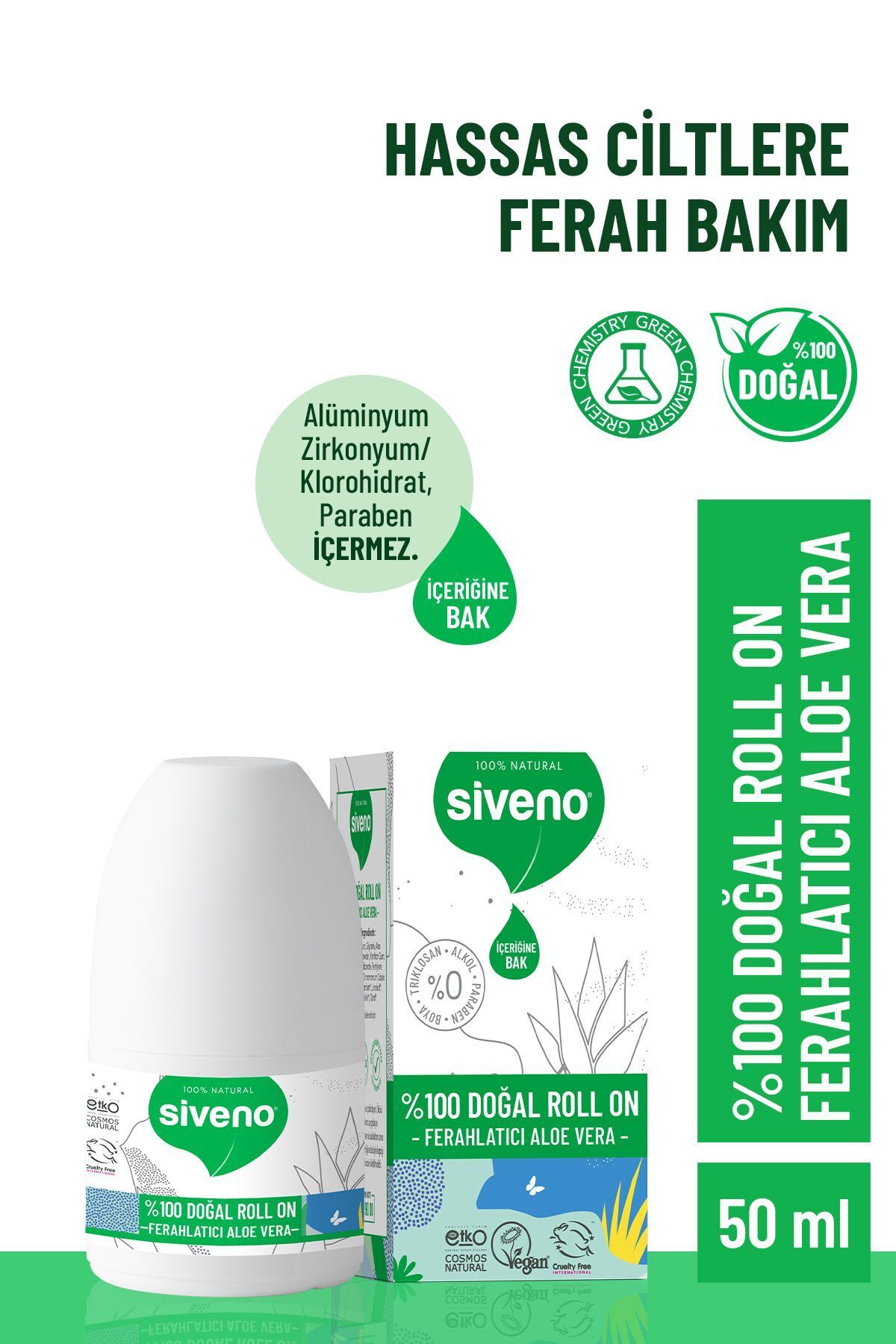 Siveno %100 Doğal Roll-on Aloe Vera Deodorant Ter Kokusu Önleyici Bitkisel Lekesiz Vegan 50 ml