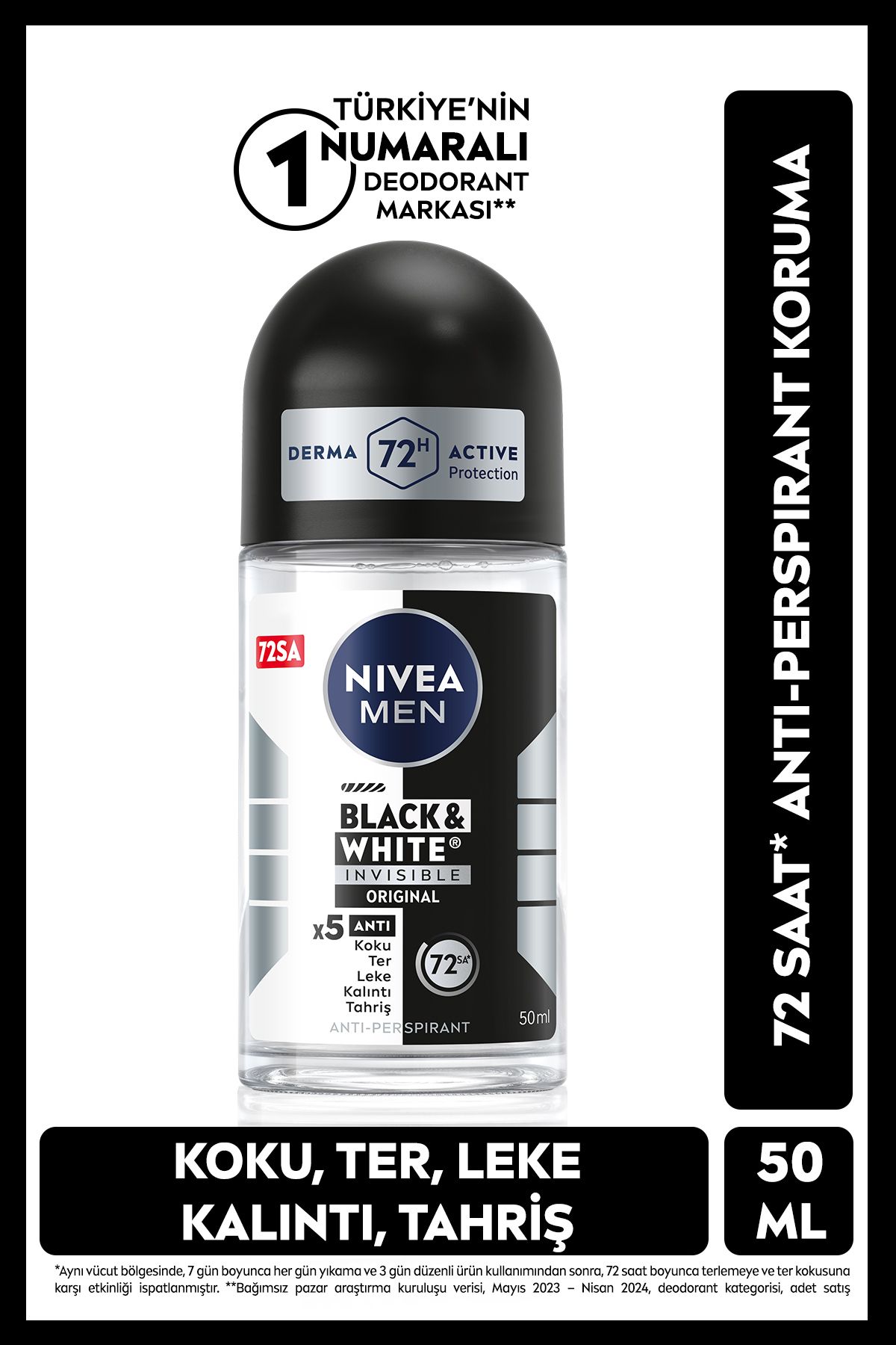 NIVEA Men Erkek Roll On Deodorant Black&white Invisible Original 50ml, 72 Saat Anti-perspirant Koruma