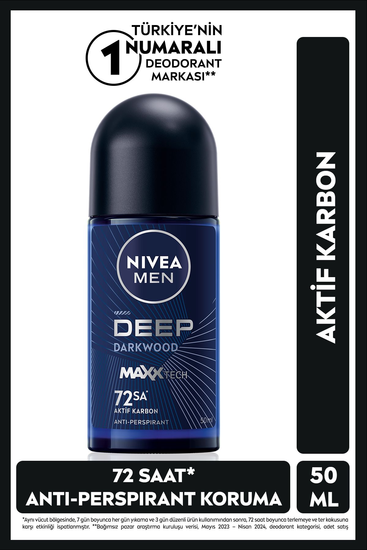 NIVEA MEN Erkek Roll-on Deodorant Deep Dimension Aktif Karbon 50ml, 72 Saat Anti-perspirant Ter Koruması