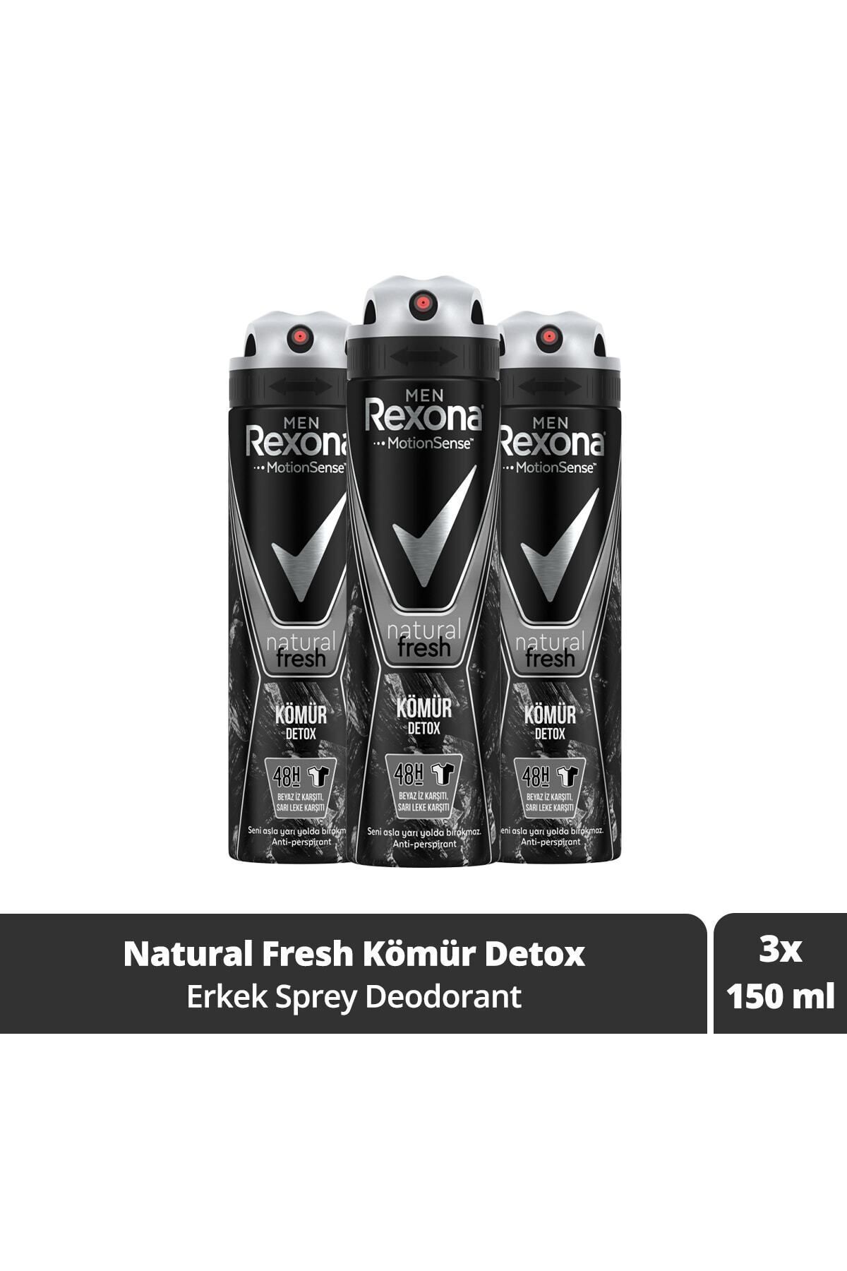 Rexona Men Erkek Sprey Deodorant Natural Fresh Kömür Detox 150 ml x3 Adet