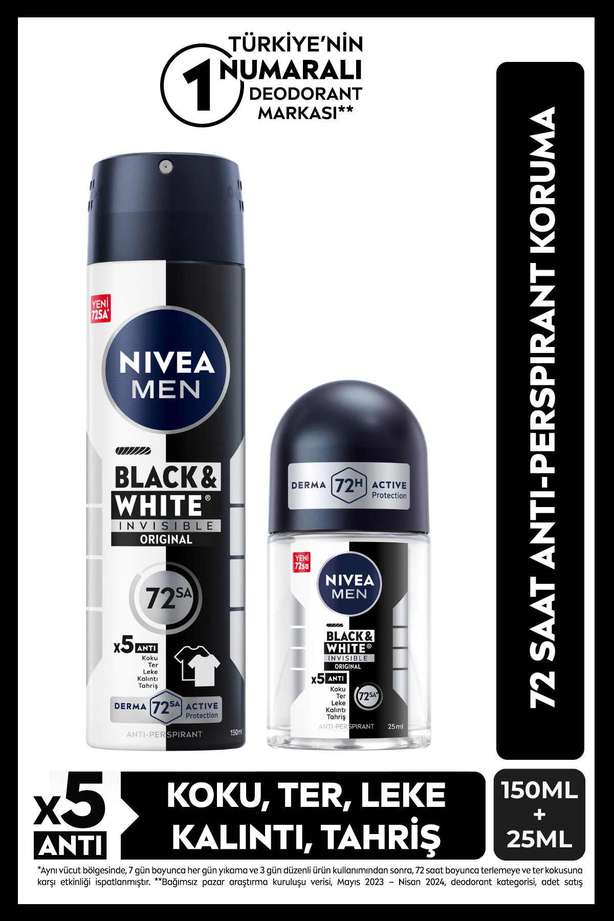 NIVEA MEN Erkek Sprey Deodorant Black&White Invisible Original 150ml ve Mini Roll-on 25ml, 72 Saat Koruma