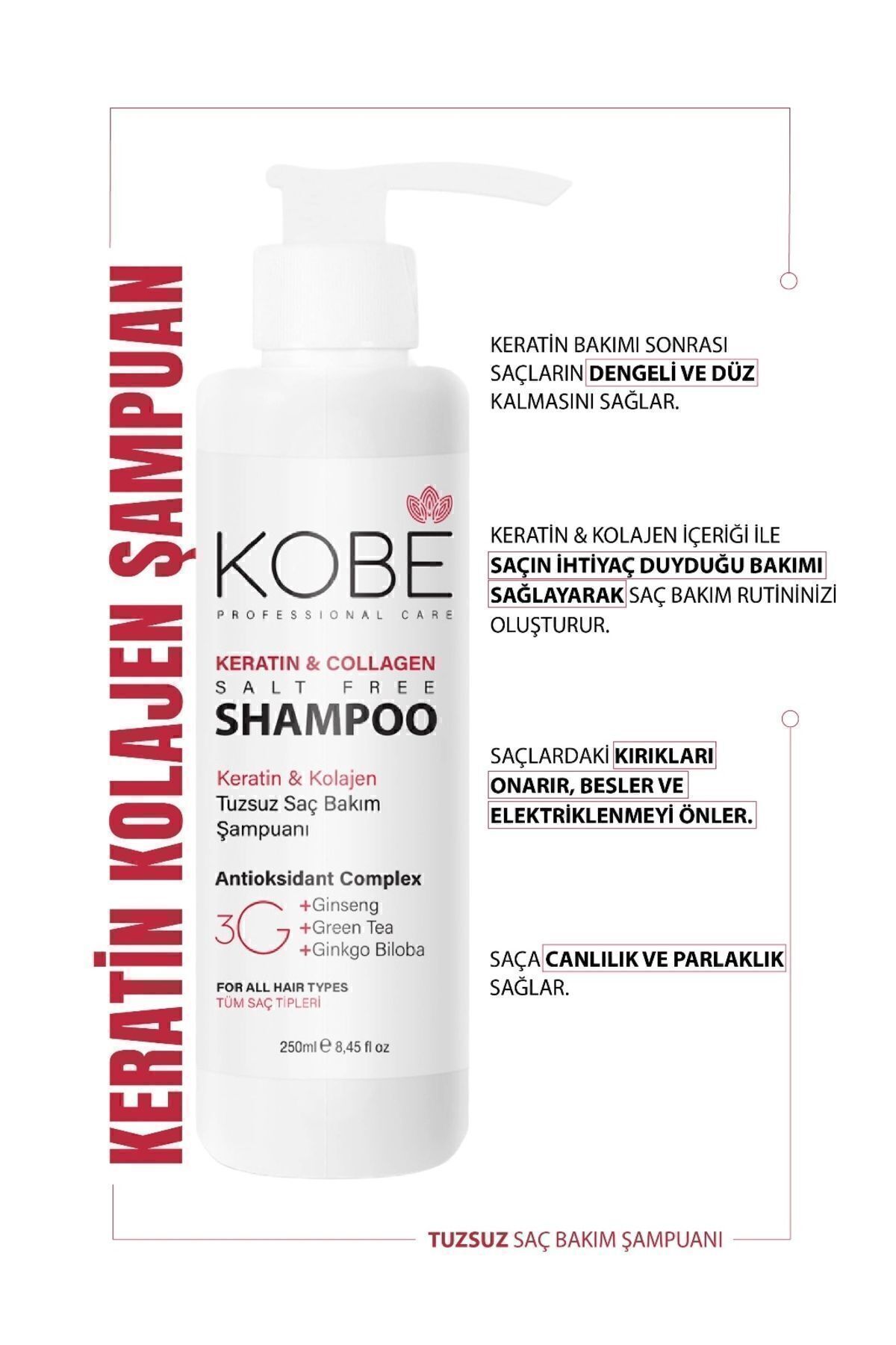 KOBE Tuzsuz Keratin Kolajen Saç Bakım Şampuanı 250 ML