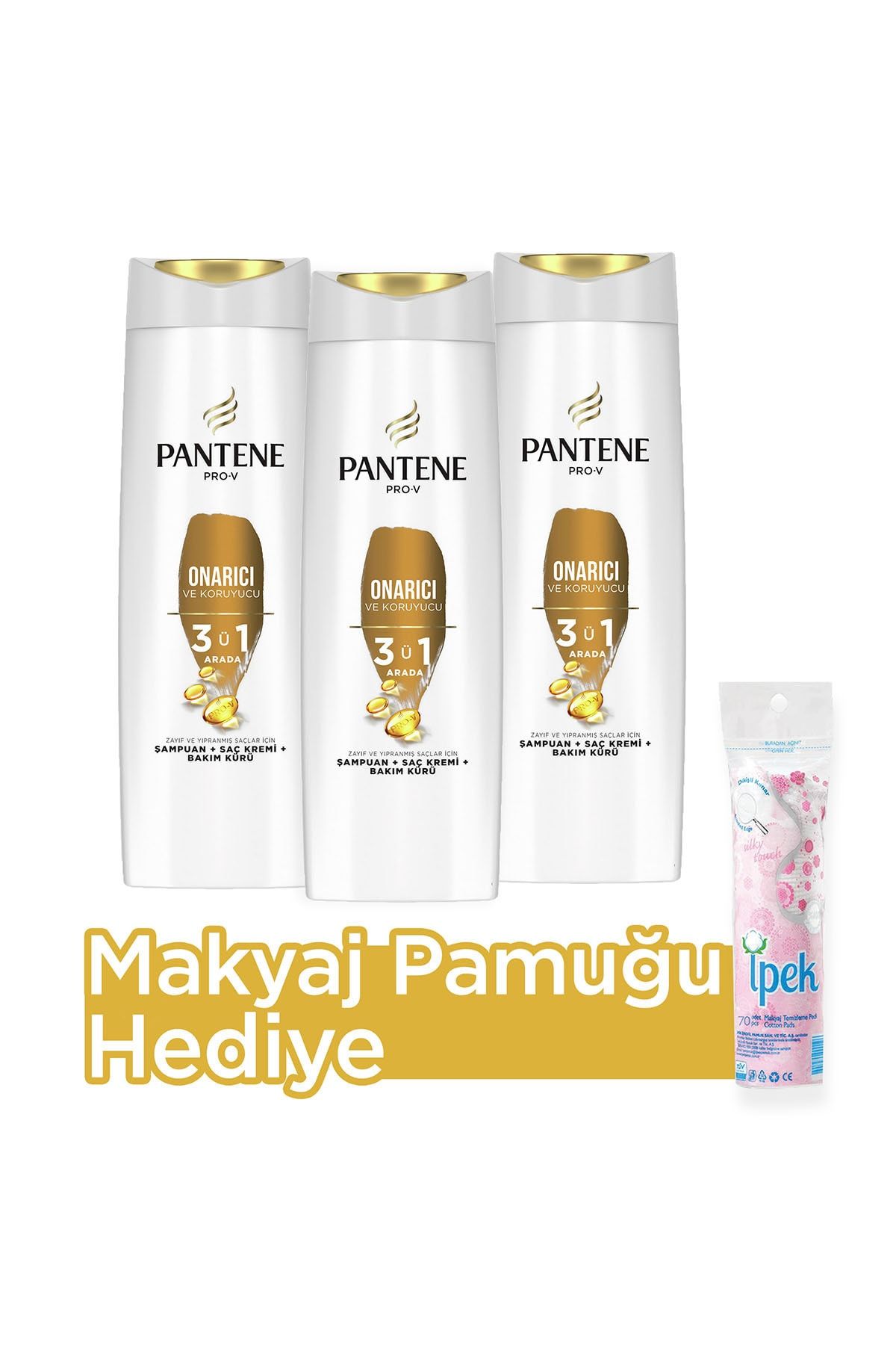 Pantene 3'ü 1 Arada Şampuan Krem Bakım Kürü Onarıcı Koruyucu 400 ml X 3 Makyaj Pamuğu