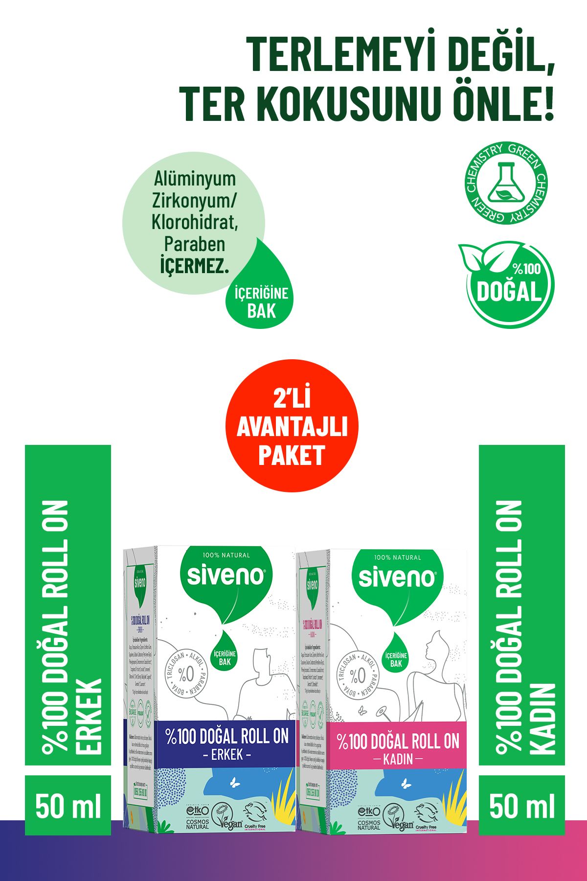 Siveno %100 Doğal Roll-on Kadın + Erkek Deodorant Ter Kokusu Önleyici Leke Bırakmayan 50 ml 2'li Set