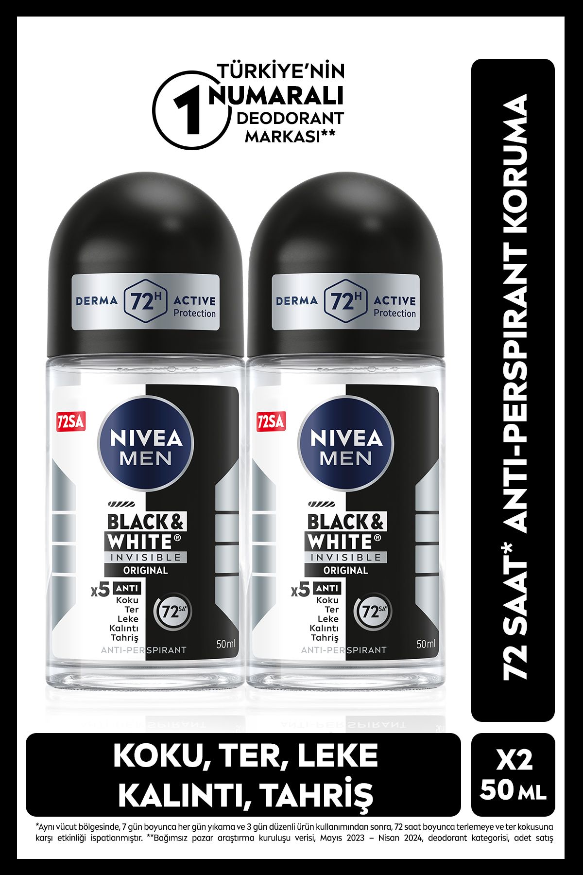 NIVEA MEN Erkek Roll-on Deodorant Black&White Invisible Original 50ml, 72 Saat Anti-perspirant, X2 Adet