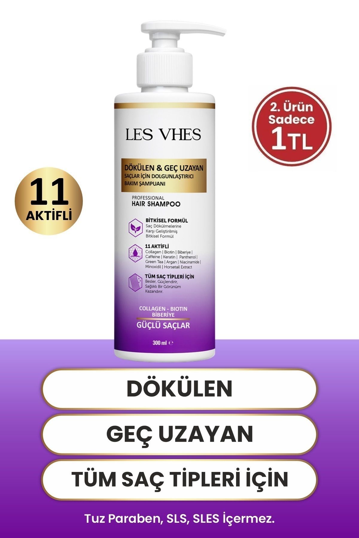 LES VHES Kolajen Ve Keratin Dökülen Ve Geç Uzayan Saçlar Için 11 Aktifli Saç Dökülmesi Karşıtı Şampuan 300 ml