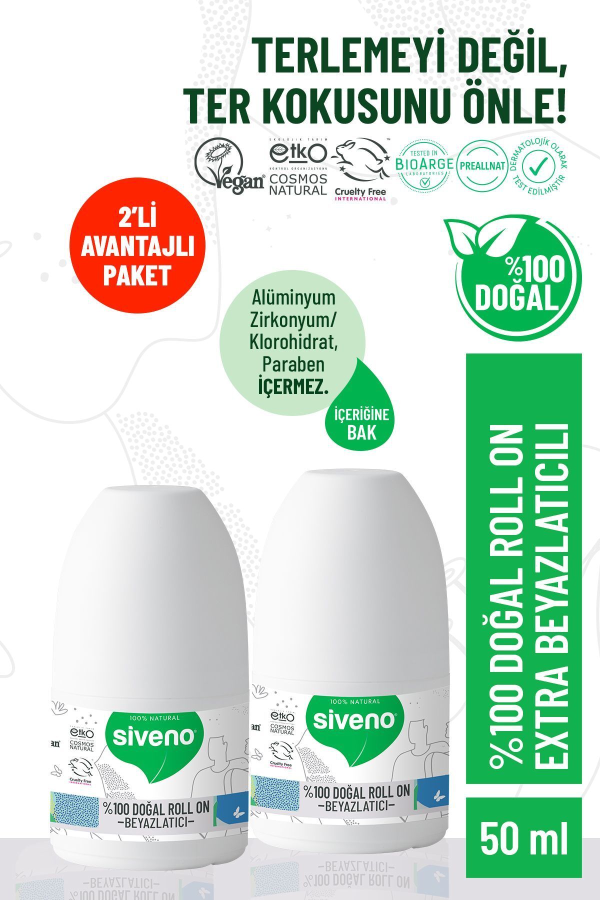 Siveno %100 Doğal Roll-On Beyazlatıcı Etkili Deodorant Ter Kokusu Önleyici Bitkisel Lekesiz 50 ml X2 Adet