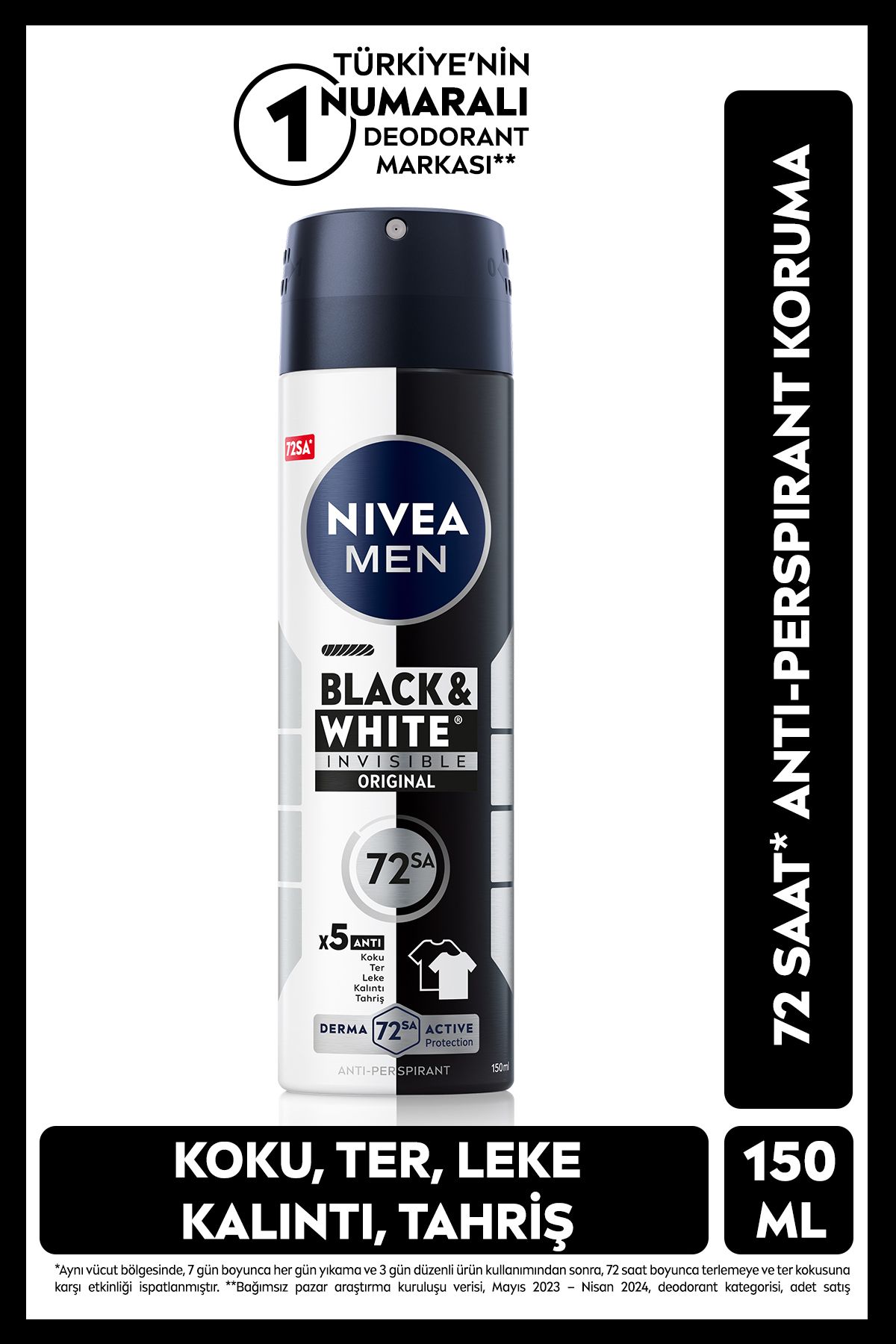 NIVEA Men Erkek Sprey Deodorant Black&white Invisible Original 150ml, 72 Saat Anti-perspirant Ter Koruması