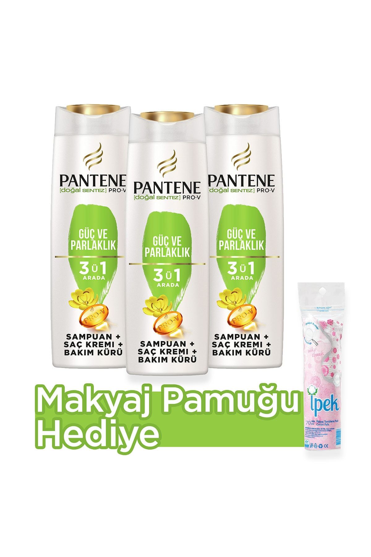 Pantene 3'ü 1 Arada Şampuan Krem Bakım Kürü Güç Ve Parlaklık 400 ml X 3 Makyaj Pamuğu