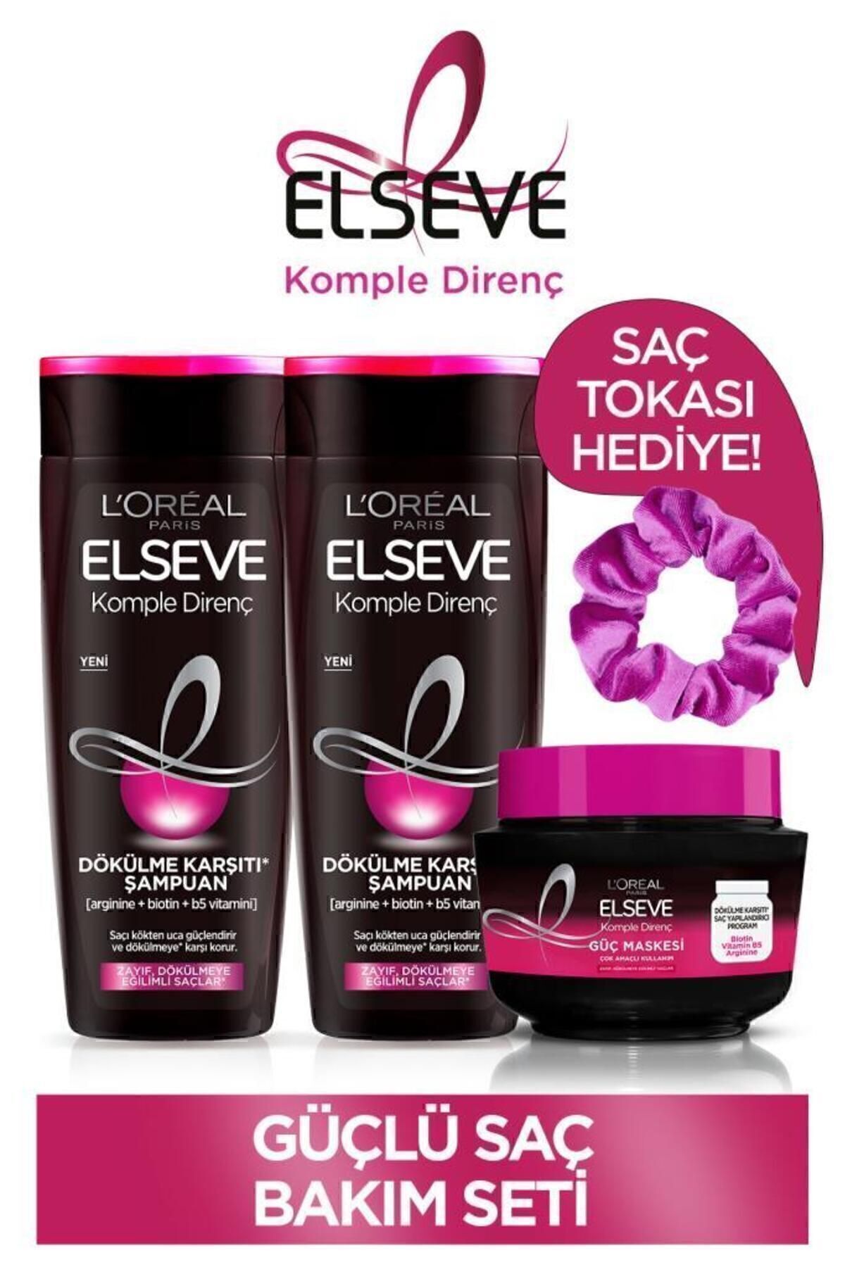 Elseve Komple Direnç Dökülme Karşıtı Şampuan 360 ml X2 & Dökülme Karşıtı Güç Maskesi & Pembe Saç Tokası