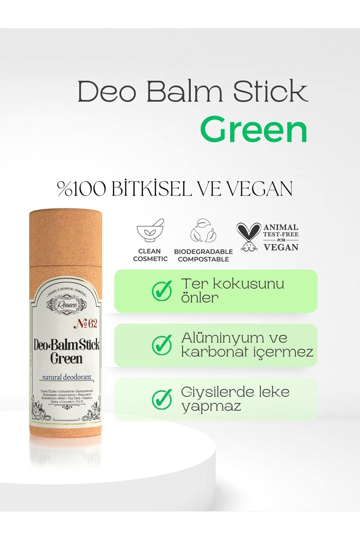 Rosece Deo Balm Stick Green | Doğal Koltuk Altı Deodorant Roll On Vegan | Unisex 60 ml