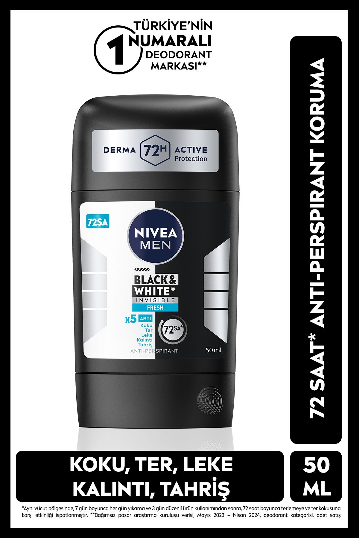 NIVEA MEN Erkek Stick Deodorant Black&White Invisible Fresh 50ml, 72 Saat Anti-perspirant Ter Koruması