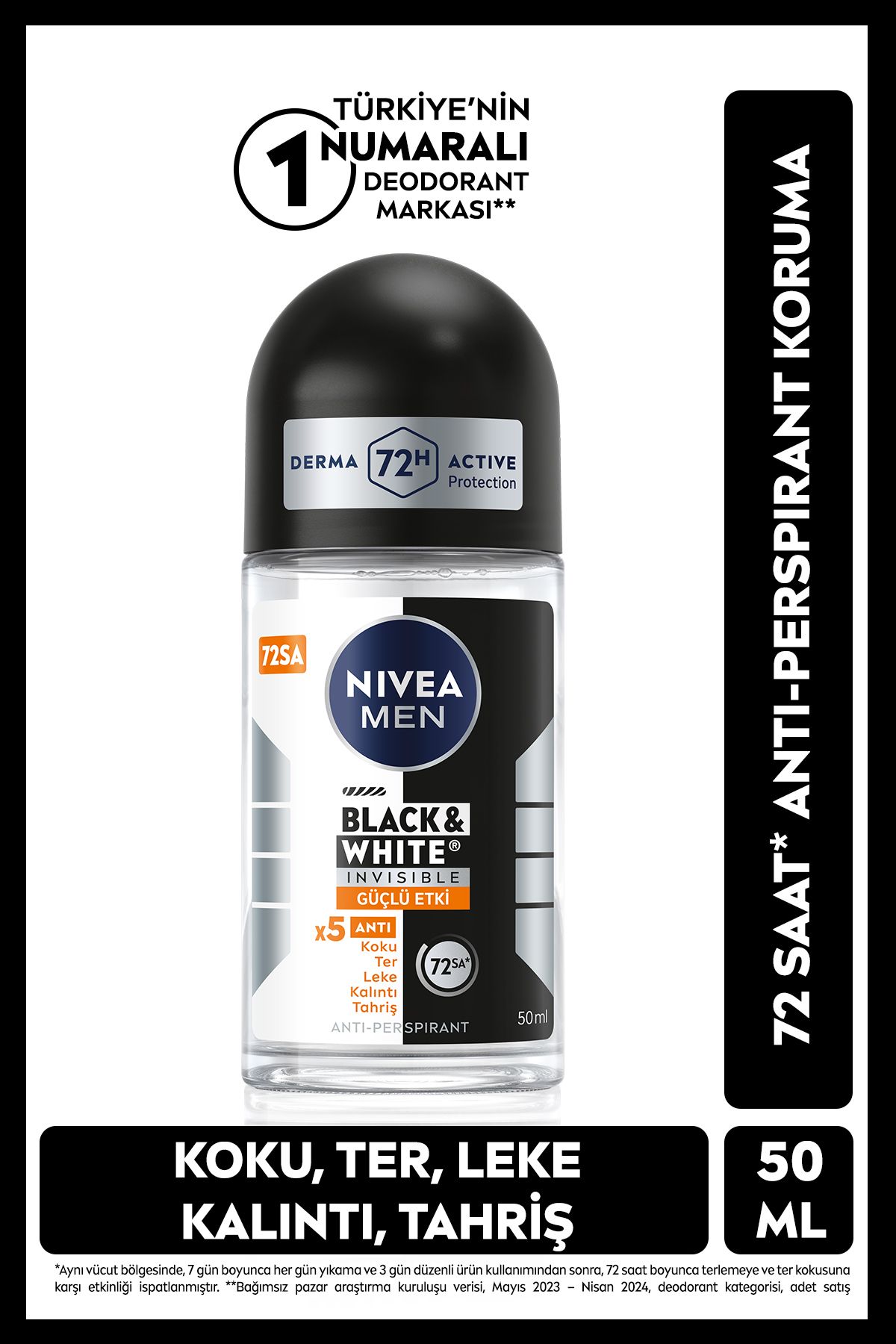 NIVEA MEN Erkek Roll-on Deodorant Black&White Invisible GüçlüEtki 50ml, 72 Saat Anti-perspirant Ter Koruma