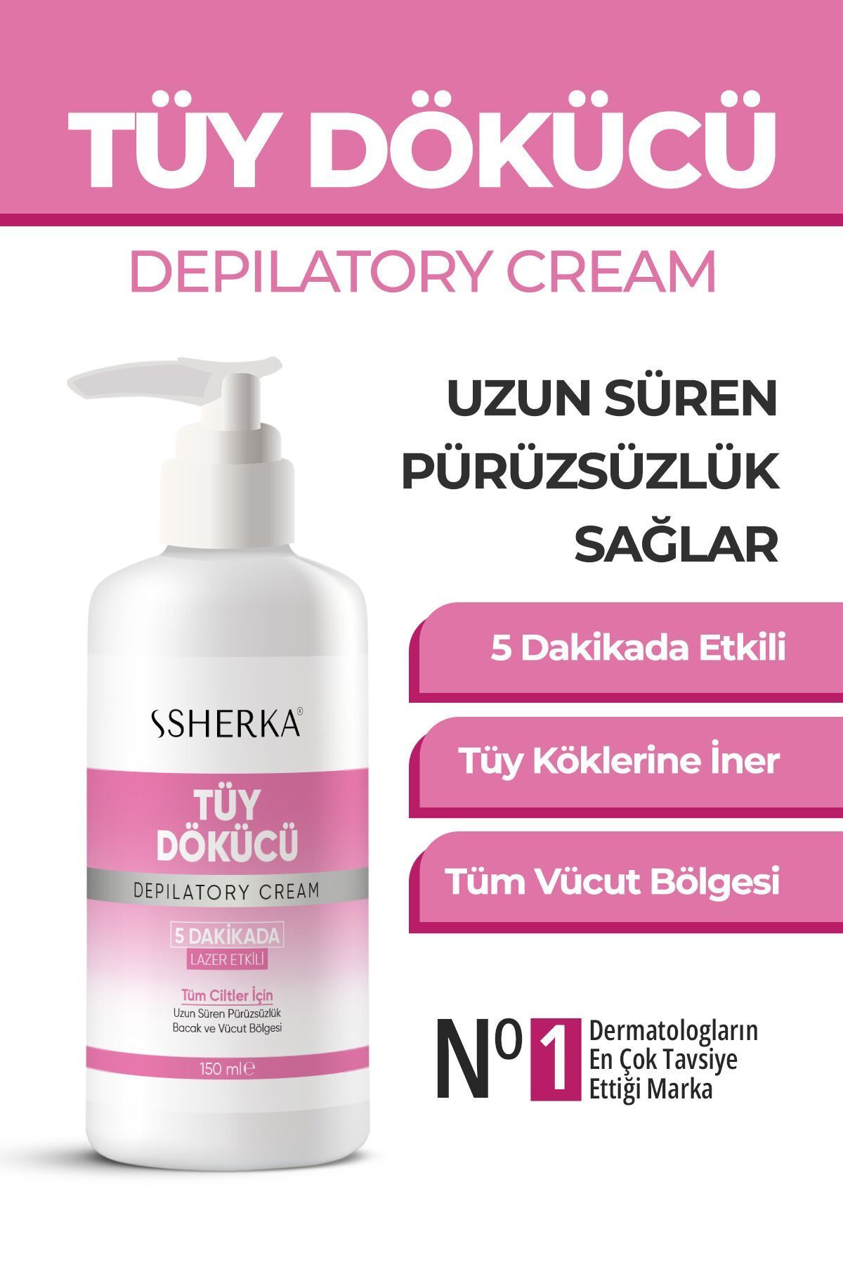 Sherka Lazer Etkili Tüy Dökücü Ve Tüy Azaltıcı Epilasyon Krem Tüm Cilt Tipleri Için (ÖZEL FORMÜL) 150 ml