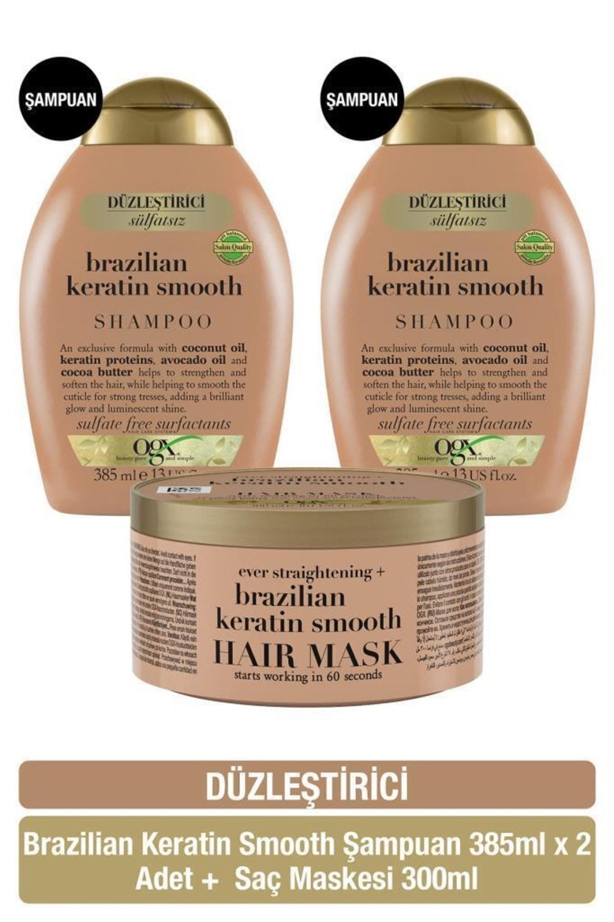 OGX Düzleştirici Brazilian Keratin Smooth Sülfatsız Şampuan X2 Sülfatsız Saç Maskesi